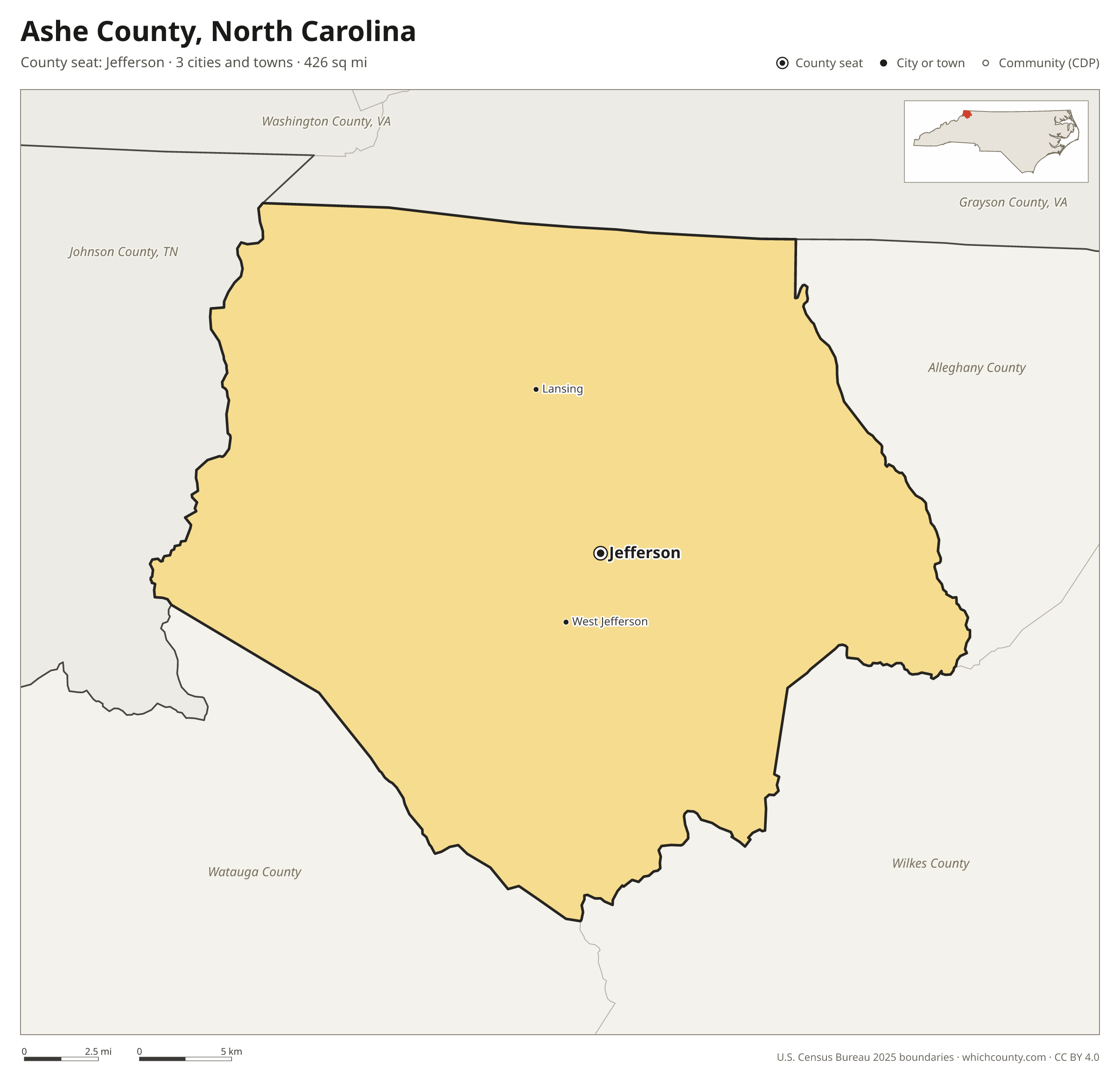 Map of Ashe County, North Carolina with cities, towns and the county boundary
