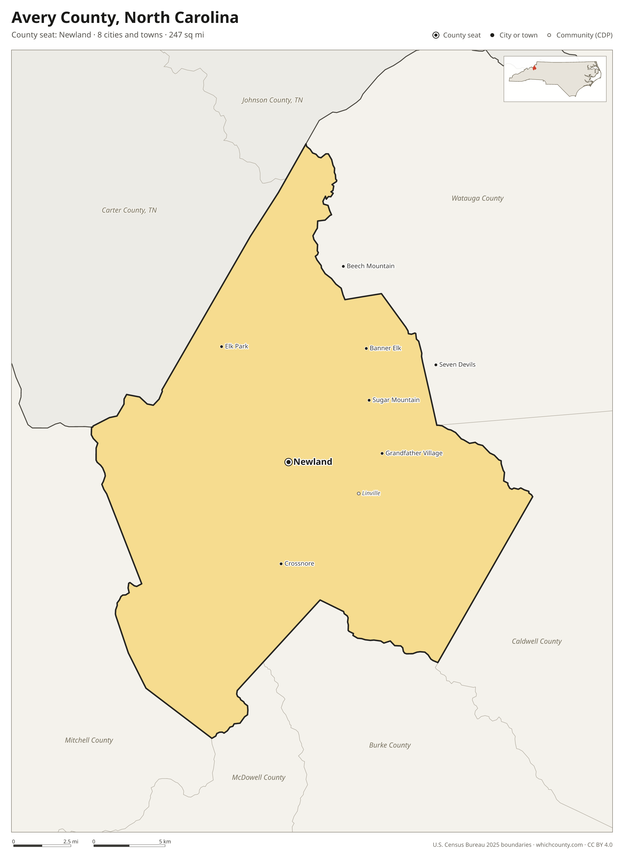 Map of Avery County, North Carolina with cities, towns and the county boundary