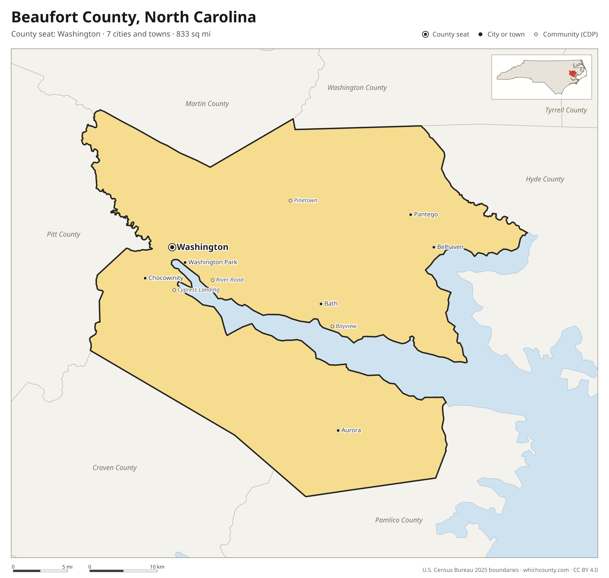 Map of Beaufort County, North Carolina with cities, towns and the county boundary
