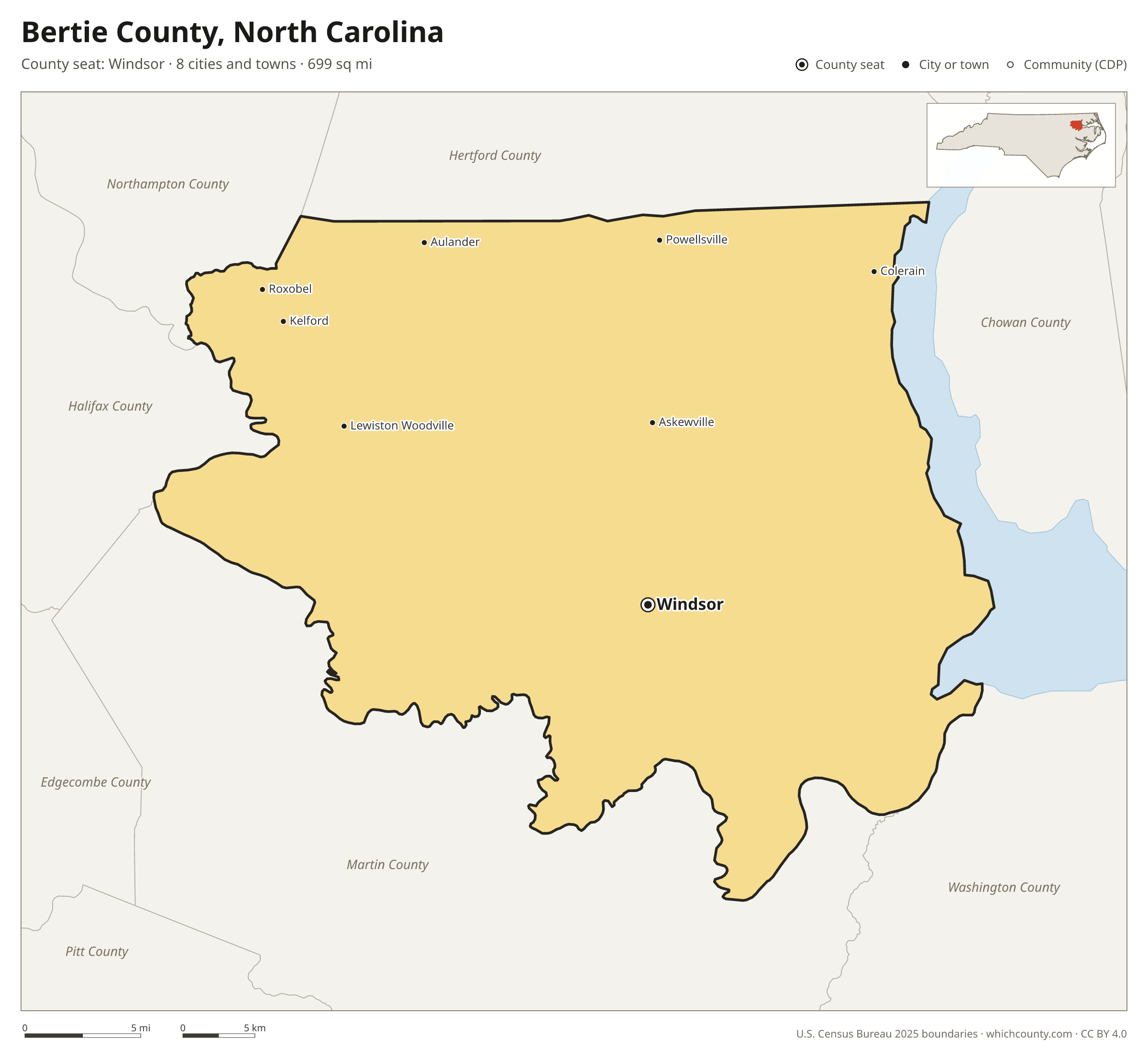 Map of Bertie County, North Carolina with cities, towns and the county boundary