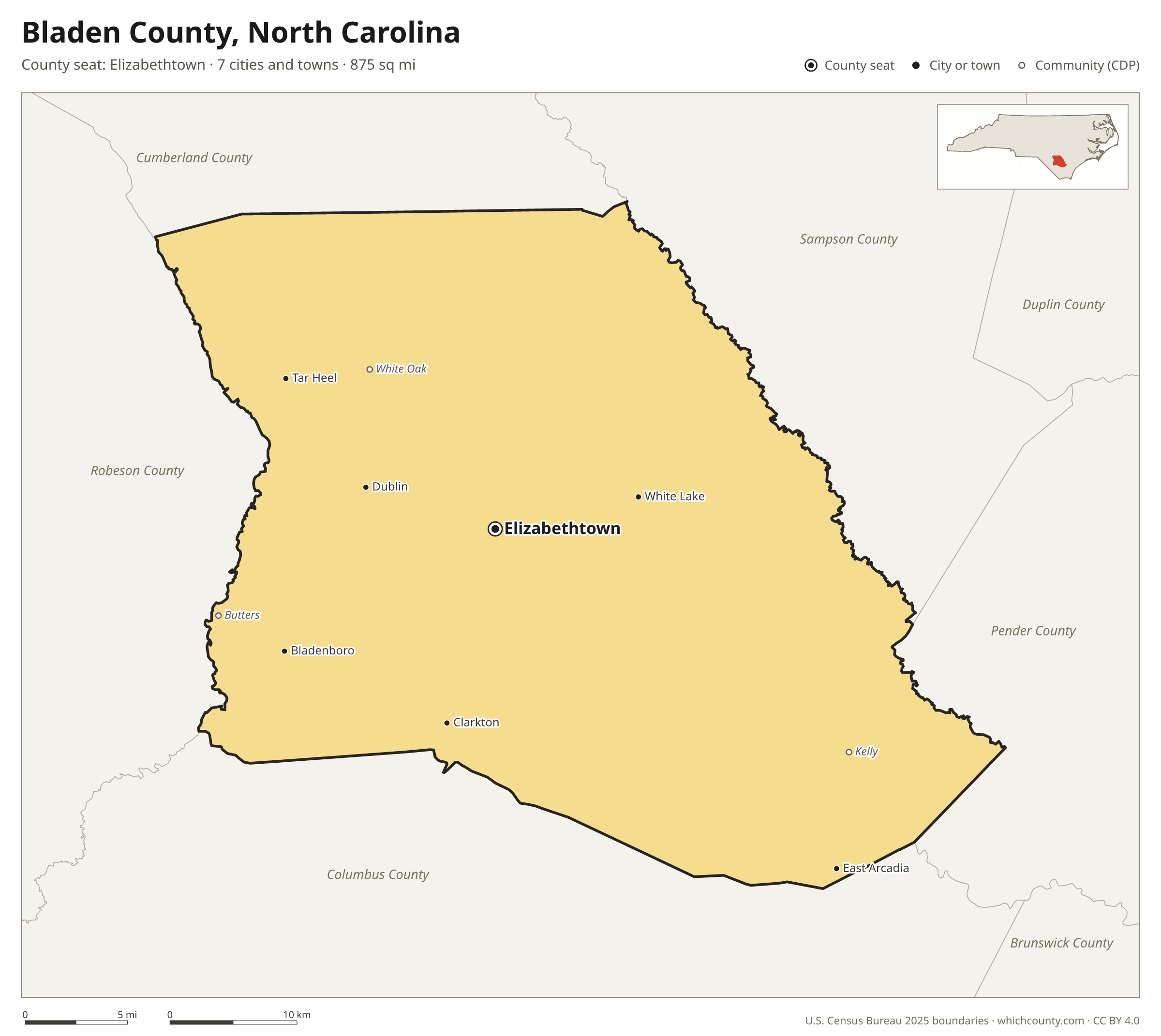 Map of Bladen County, North Carolina with cities, towns and the county boundary