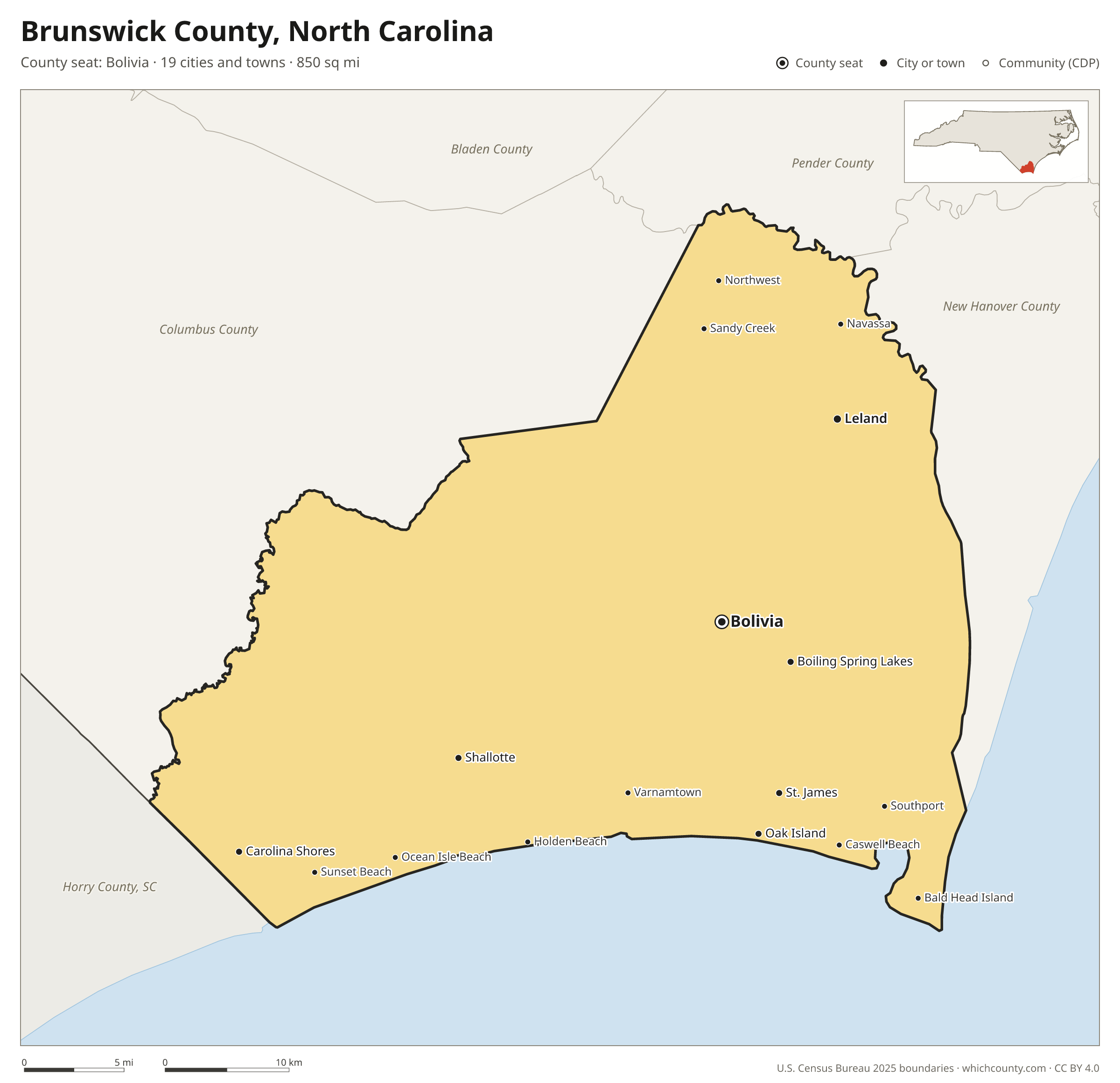 Map of Brunswick County, North Carolina with cities, towns and the county boundary