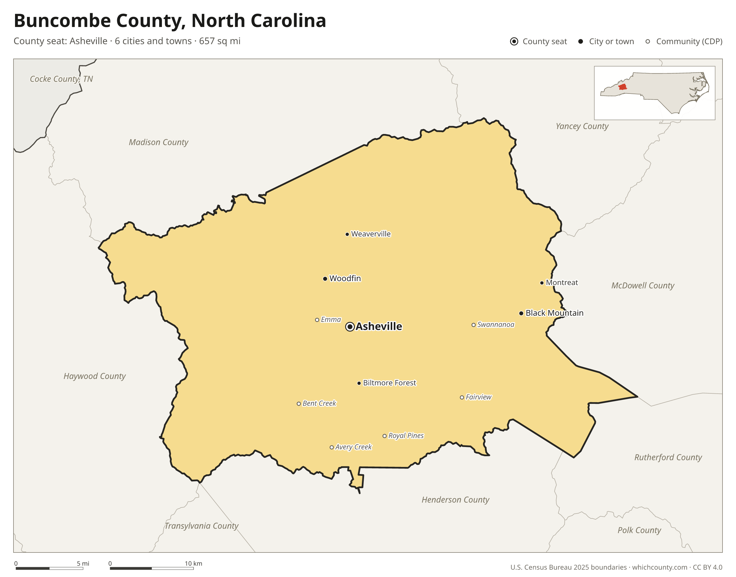 Map of Buncombe County, North Carolina with cities, towns and the county boundary