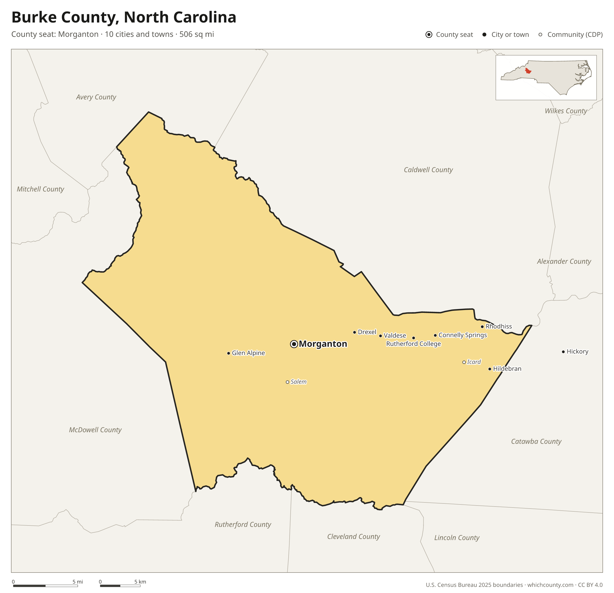 Map of Burke County, North Carolina with cities, towns and the county boundary