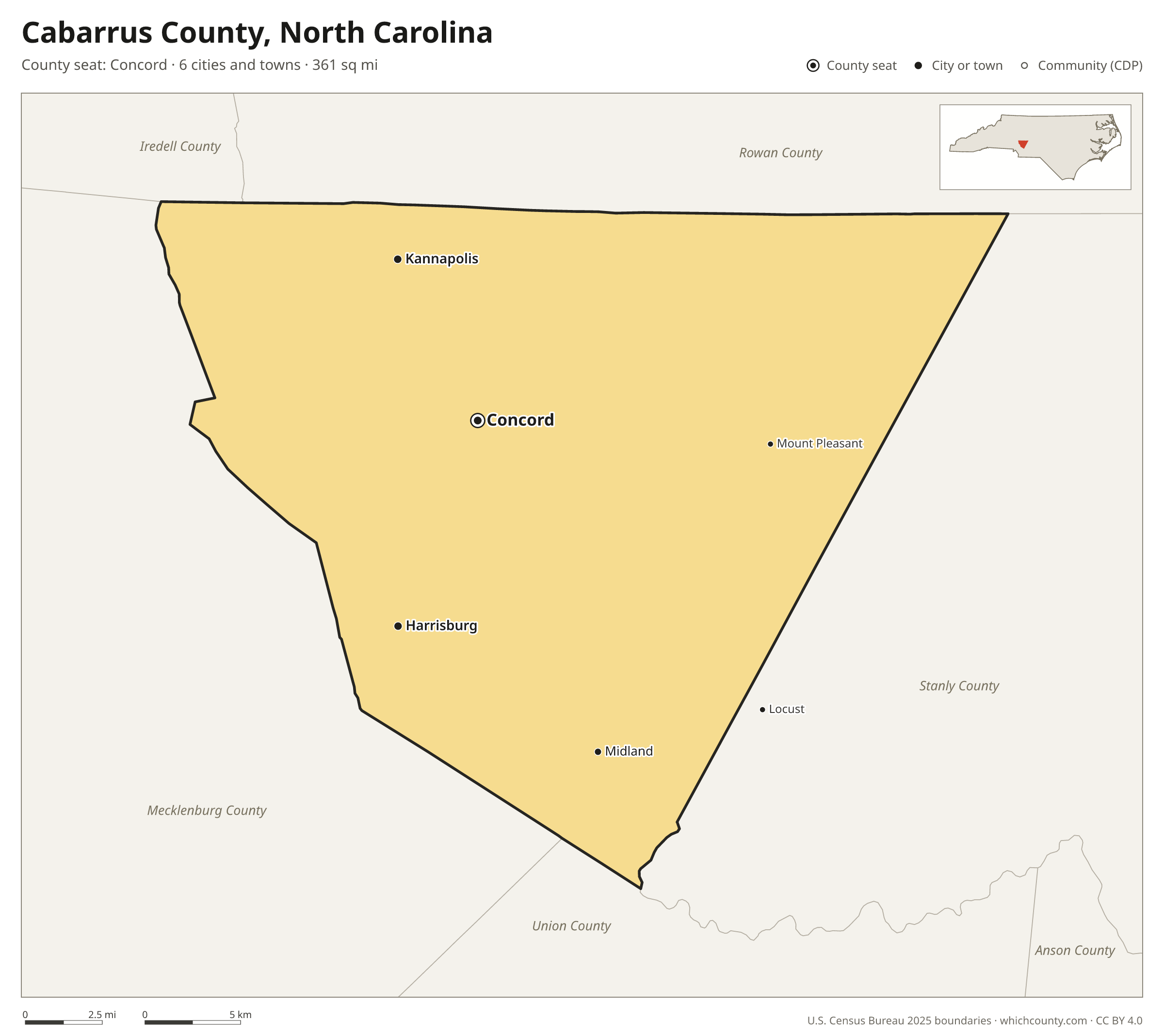 Map of Cabarrus County, North Carolina with cities, towns and the county boundary