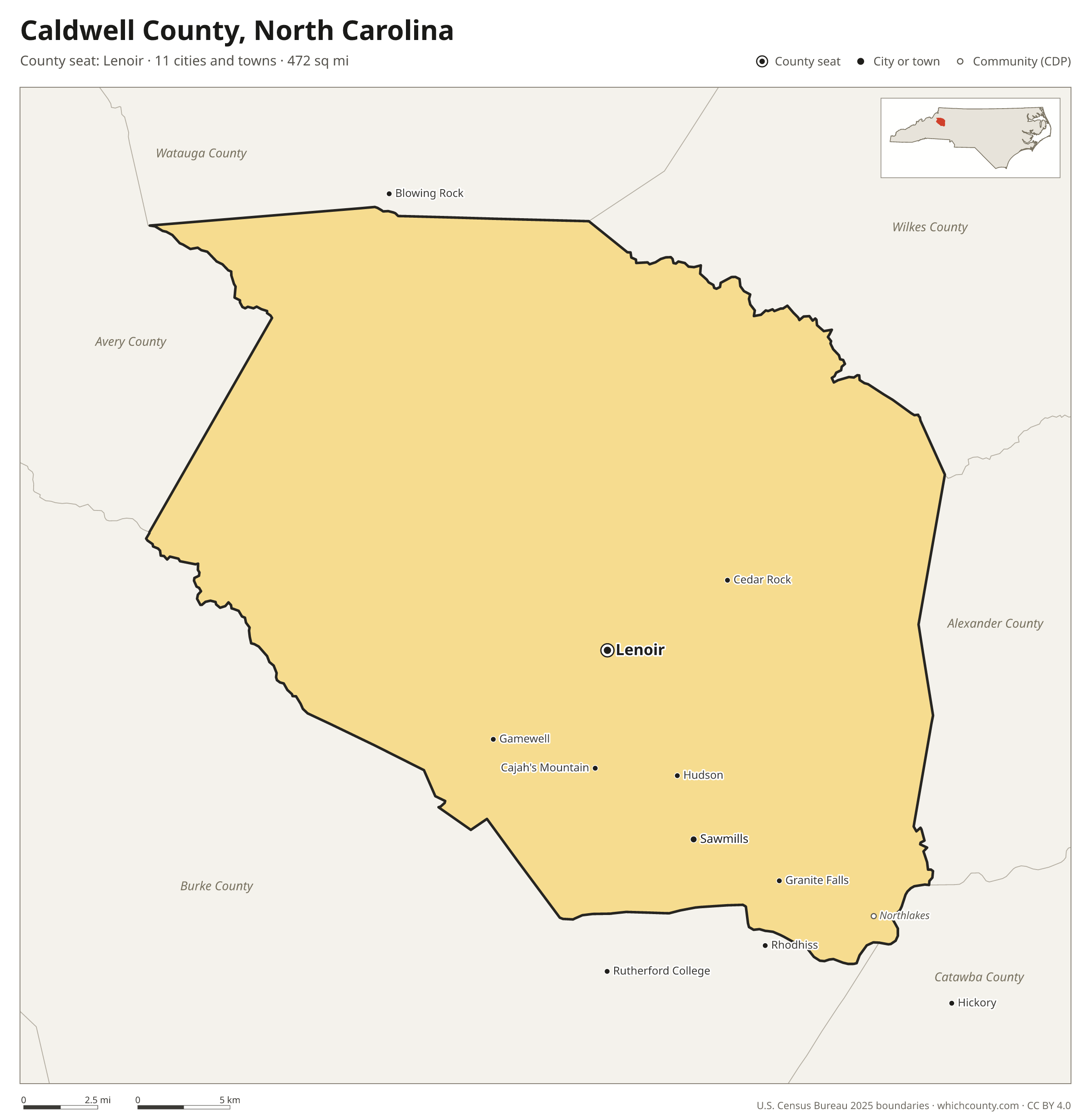 Map of Caldwell County, North Carolina with cities, towns and the county boundary