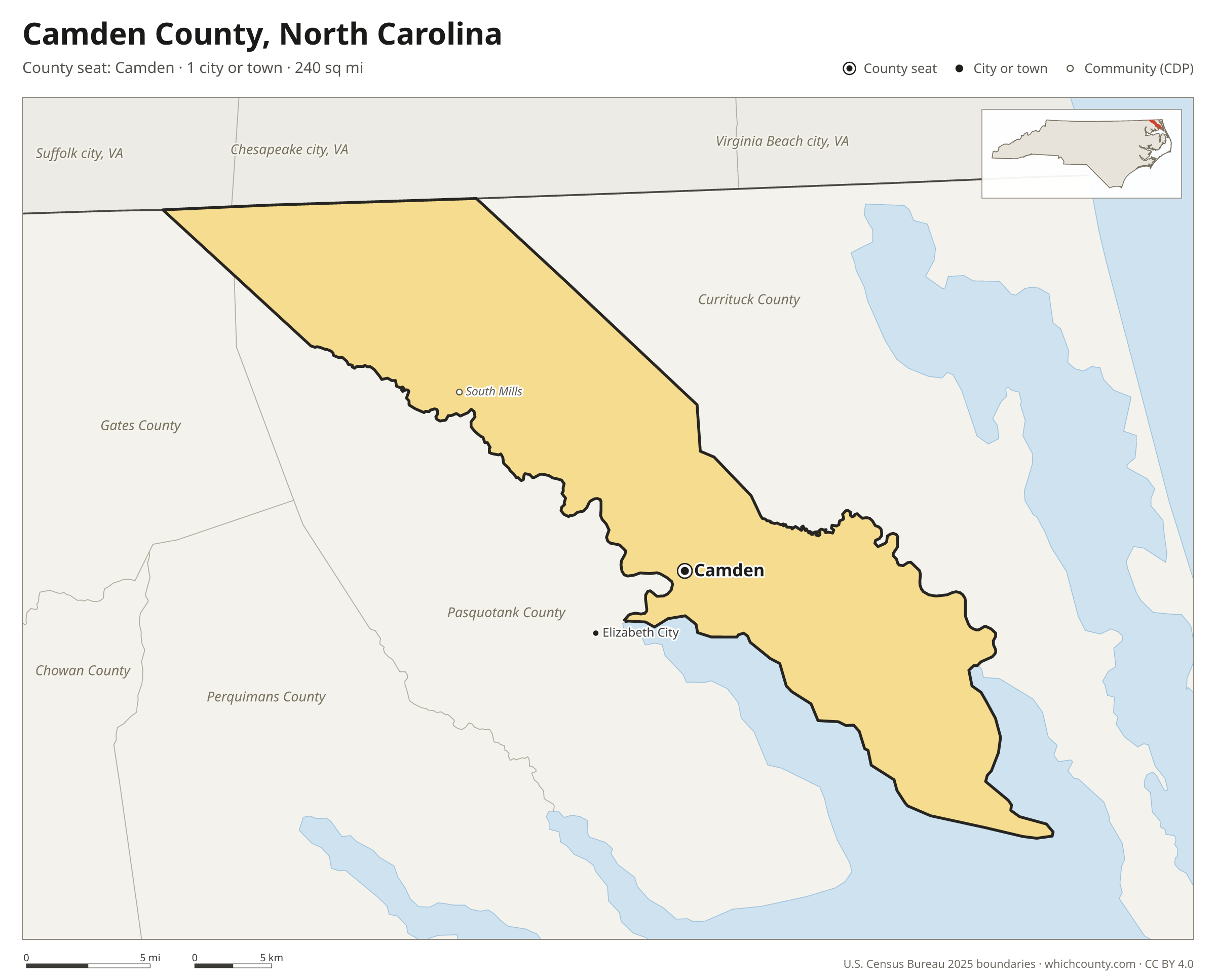 Map of Camden County, North Carolina with cities, towns and the county boundary
