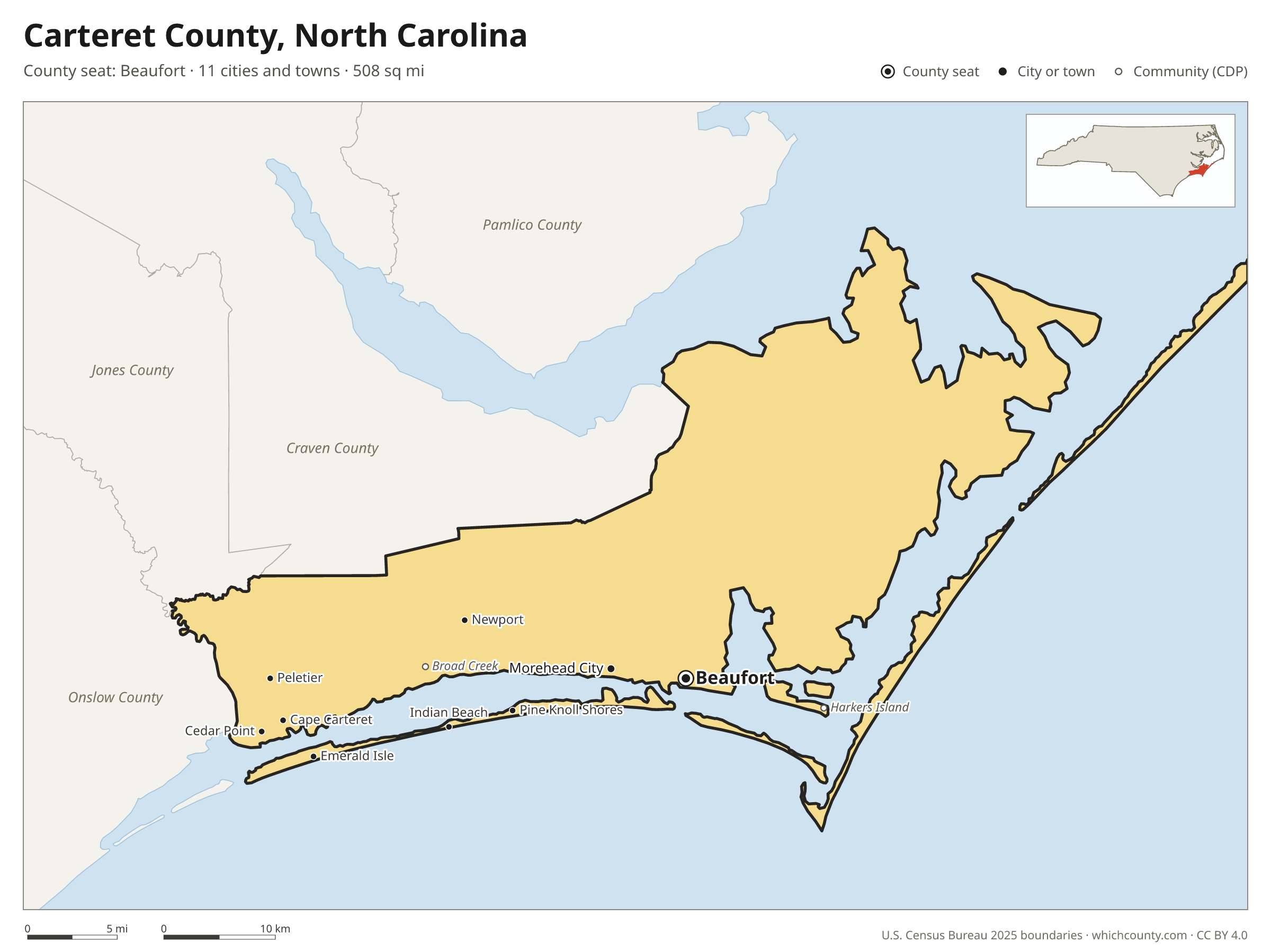 Map of Carteret County, North Carolina with cities, towns and the county boundary
