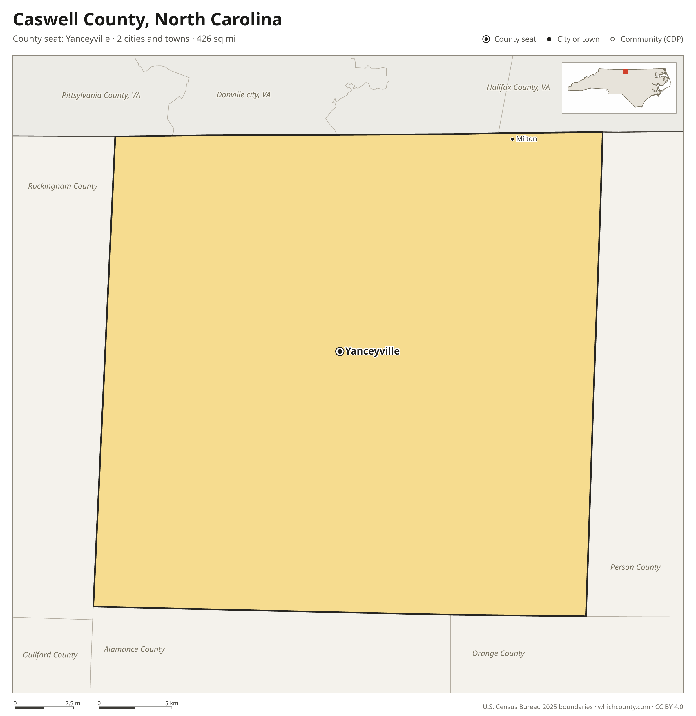 Map of Caswell County, North Carolina with cities, towns and the county boundary