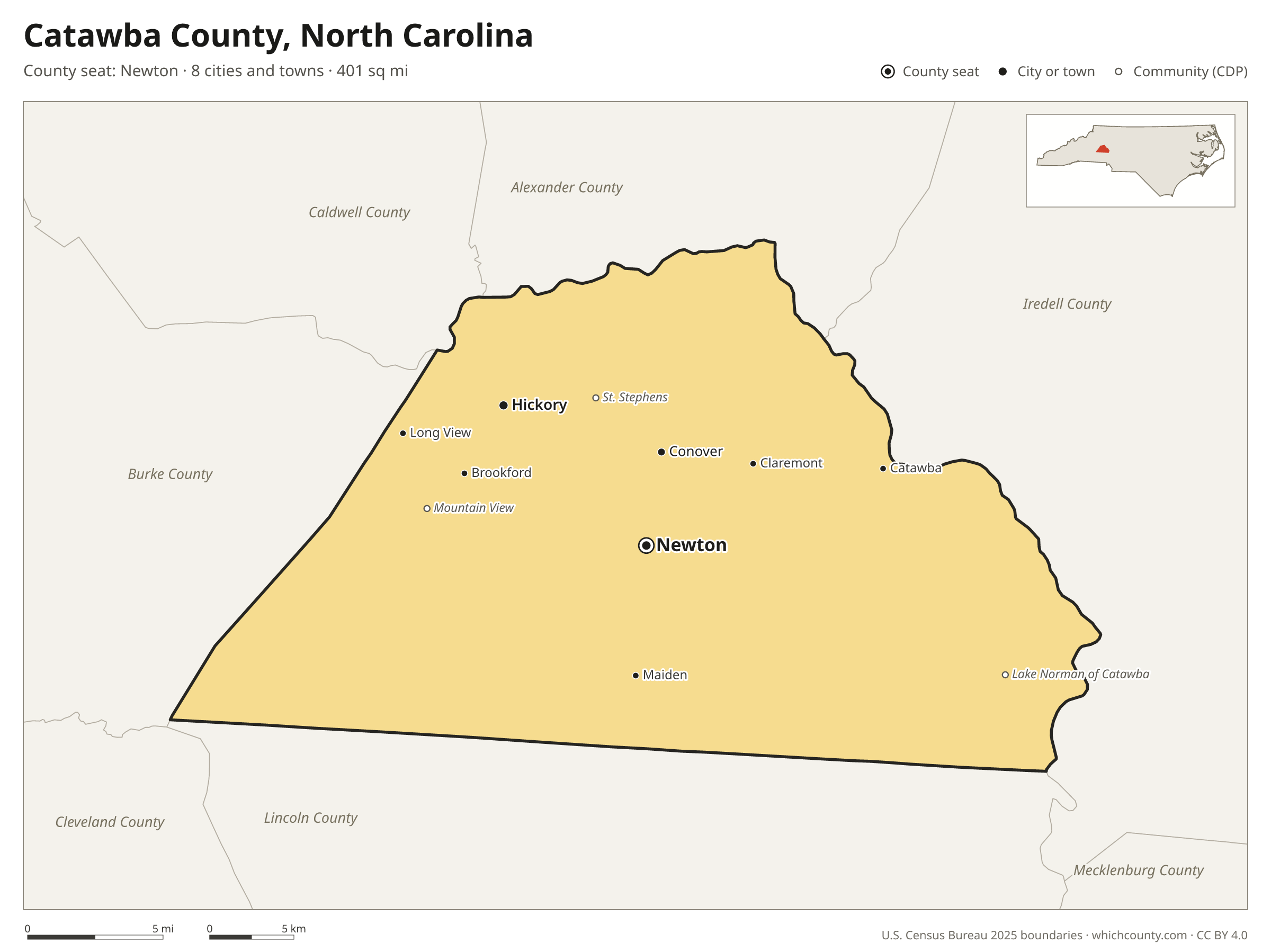 Map of Catawba County, North Carolina with cities, towns and the county boundary