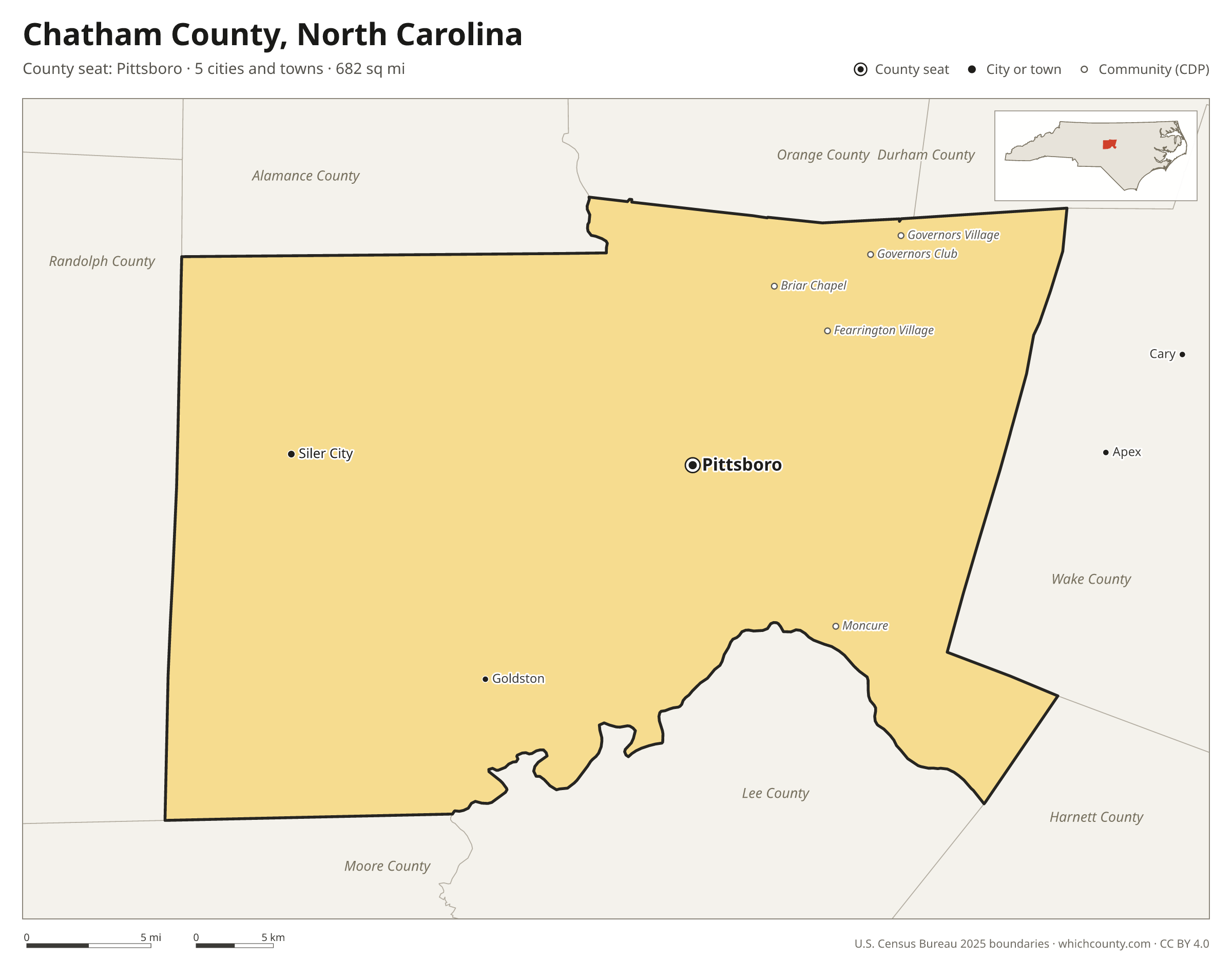Map of Chatham County, North Carolina with cities, towns and the county boundary