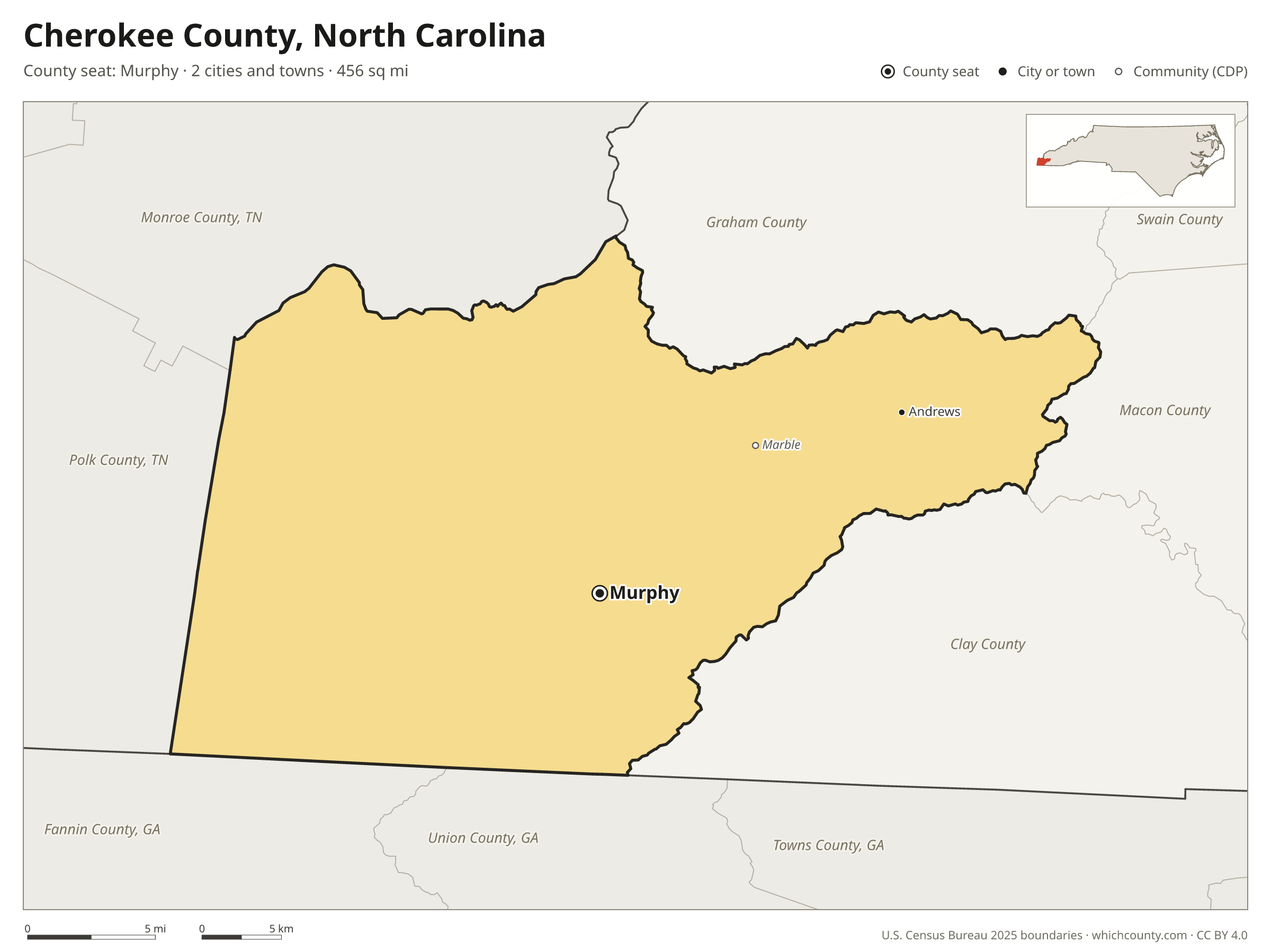 Map of Cherokee County, North Carolina with cities, towns and the county boundary