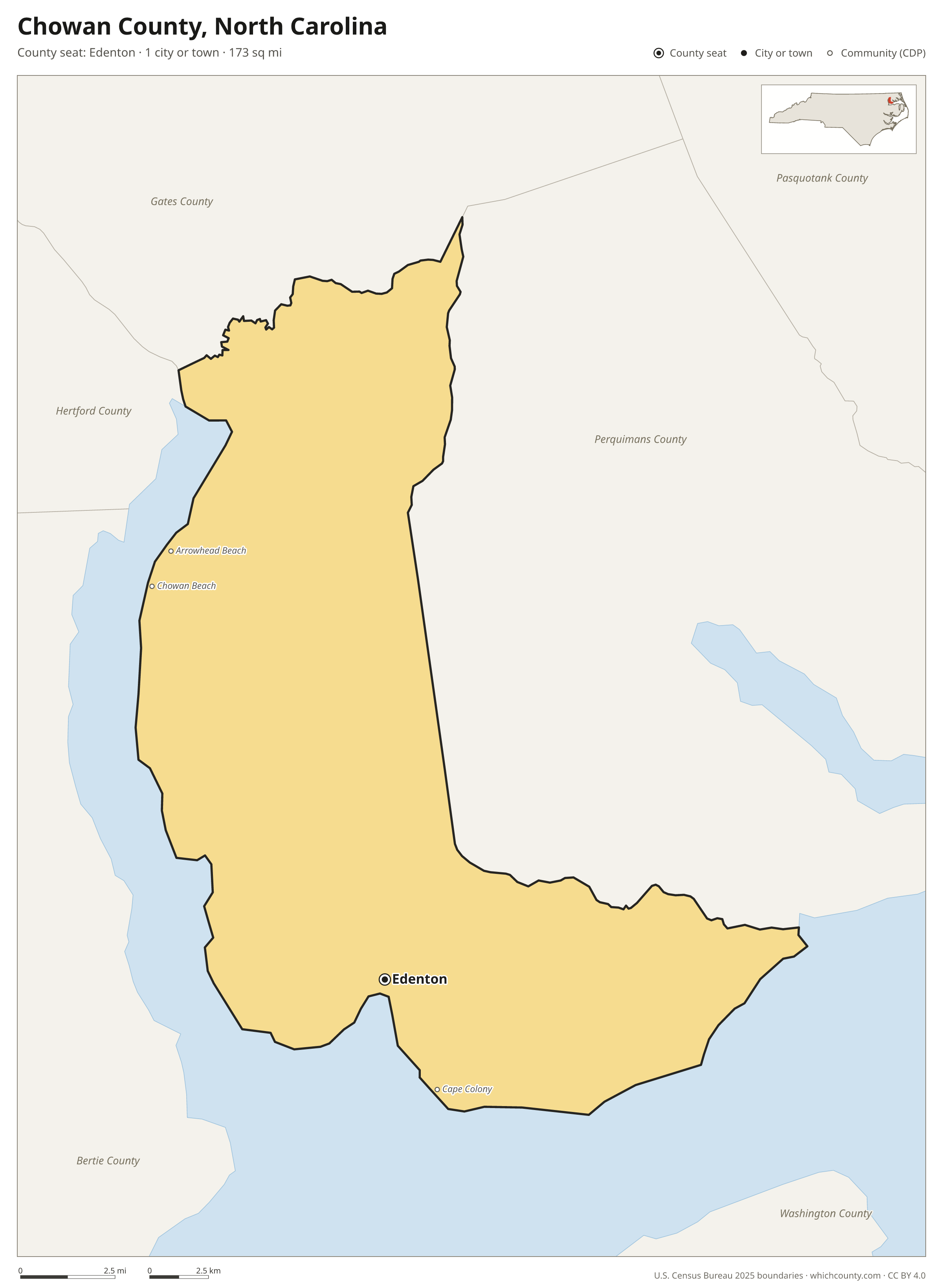 Map of Chowan County, North Carolina with cities, towns and the county boundary