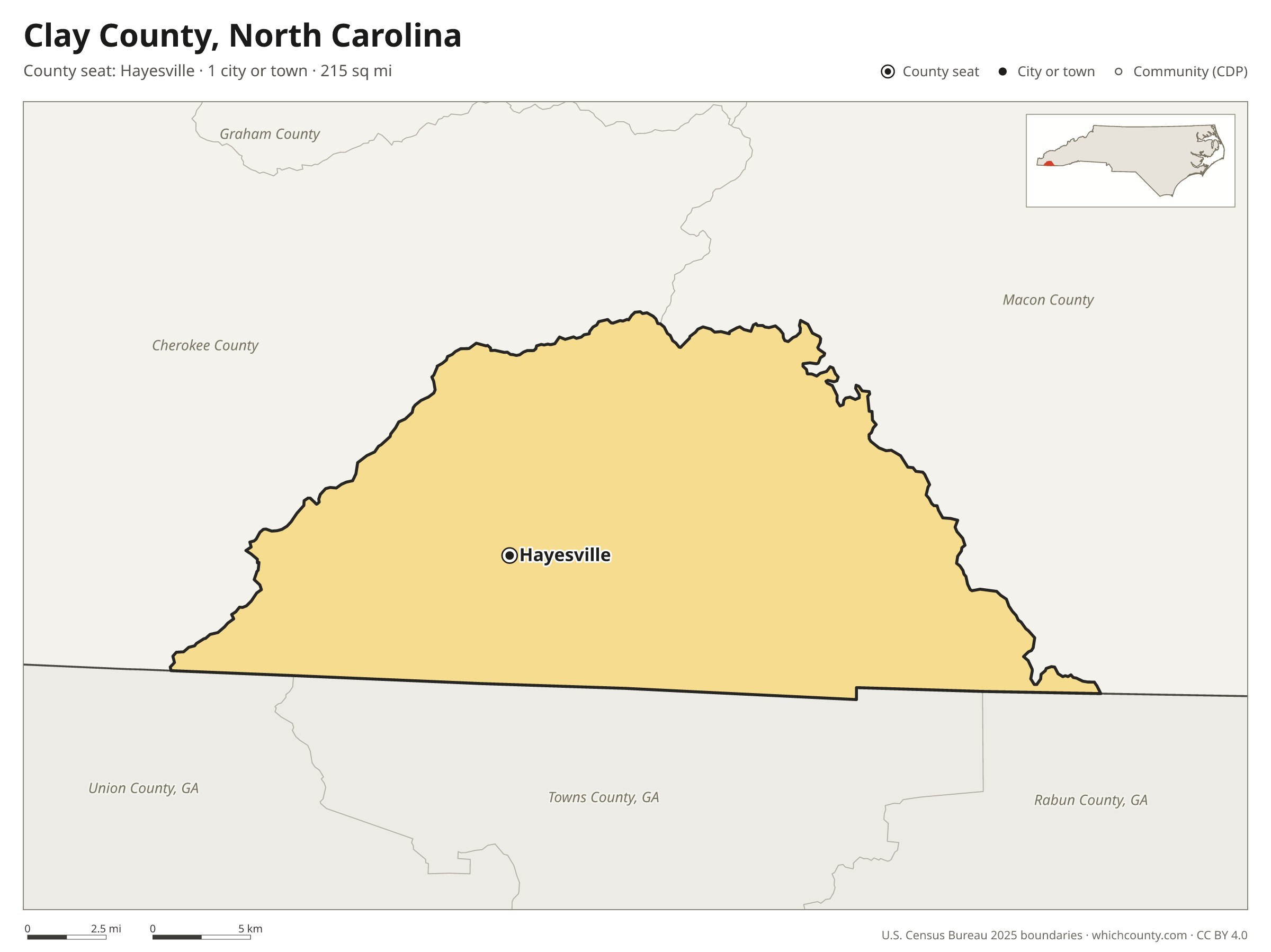 Map of Clay County, North Carolina with cities, towns and the county boundary