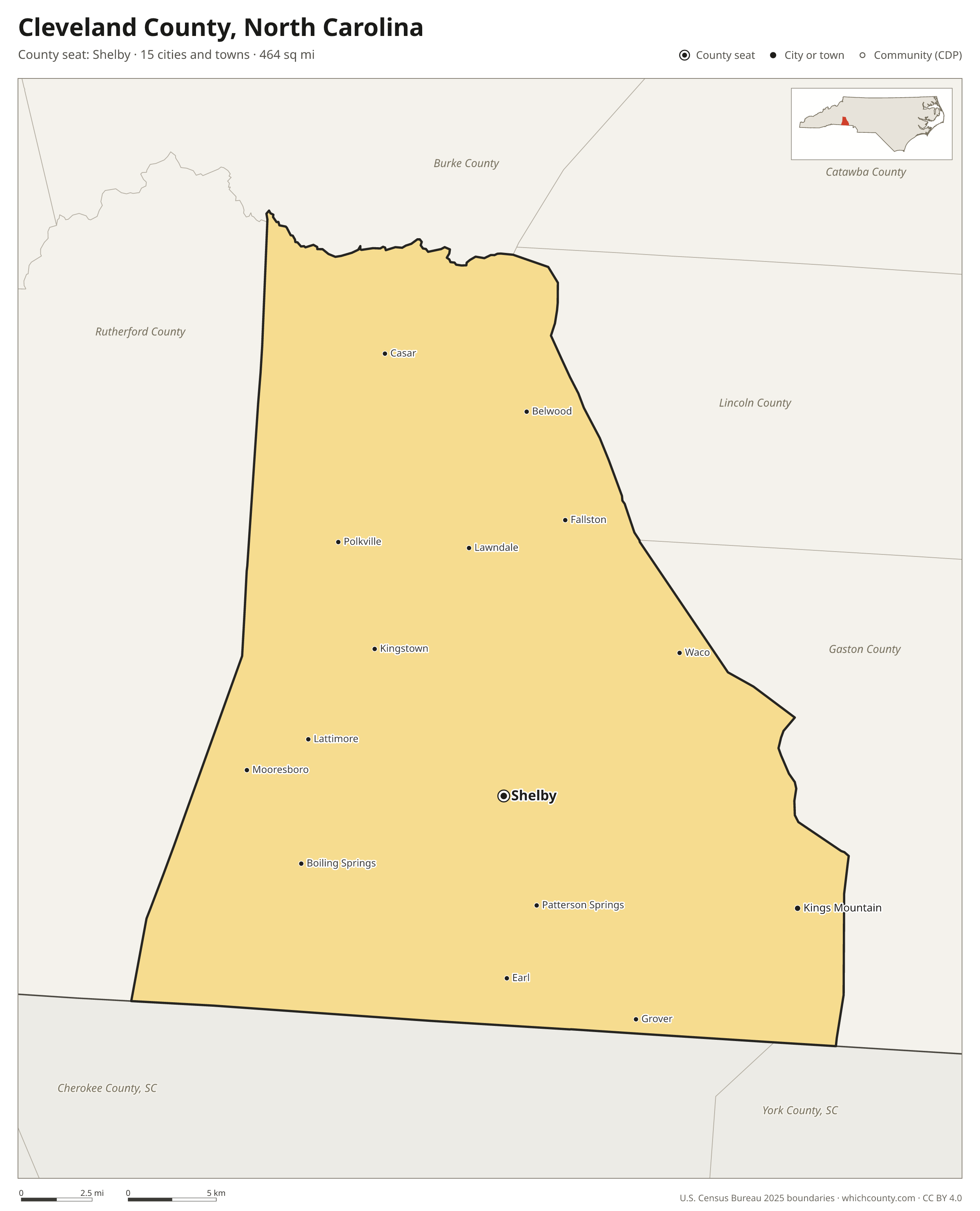 Map of Cleveland County, North Carolina with cities, towns and the county boundary