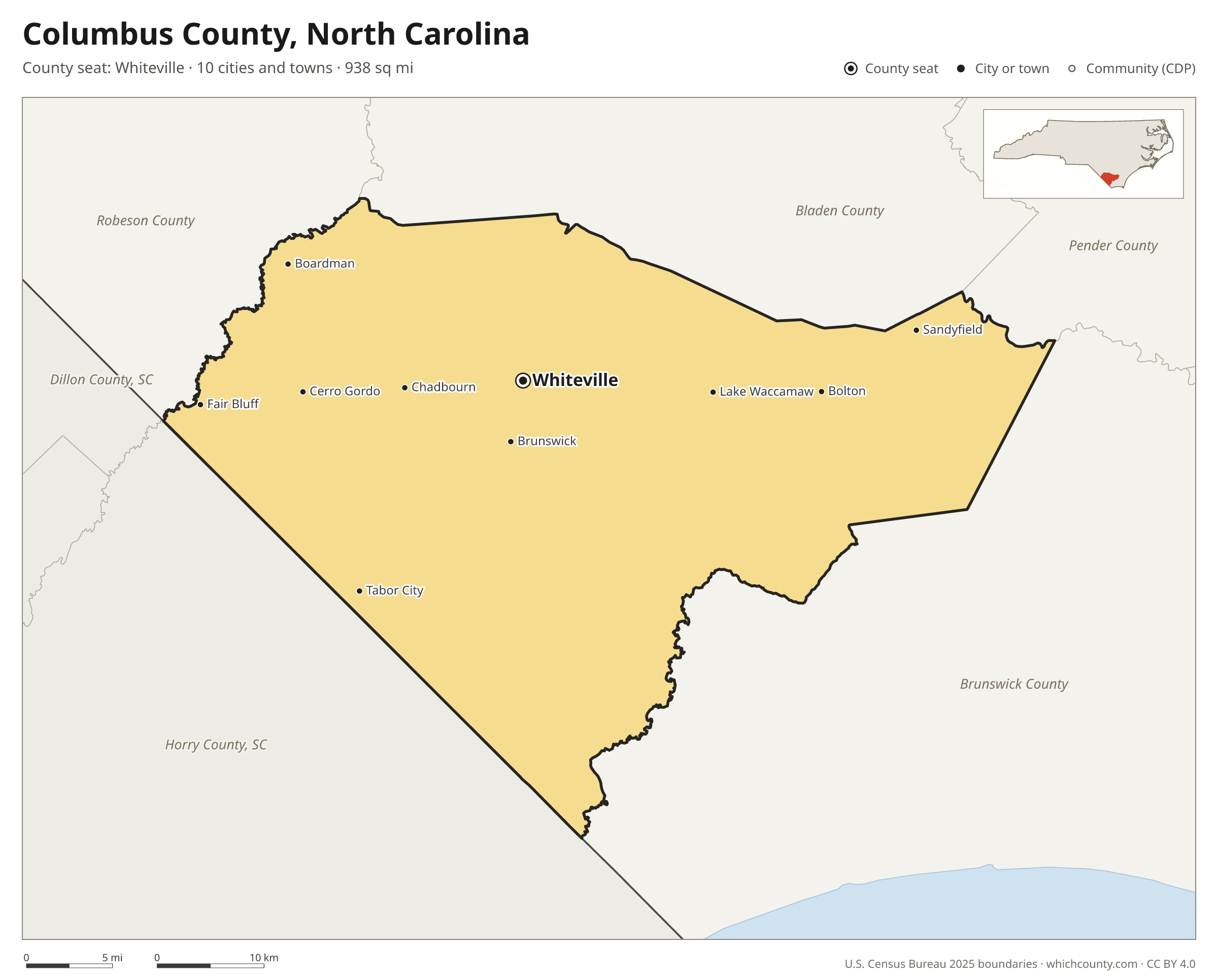 Map of Columbus County, North Carolina with cities, towns and the county boundary
