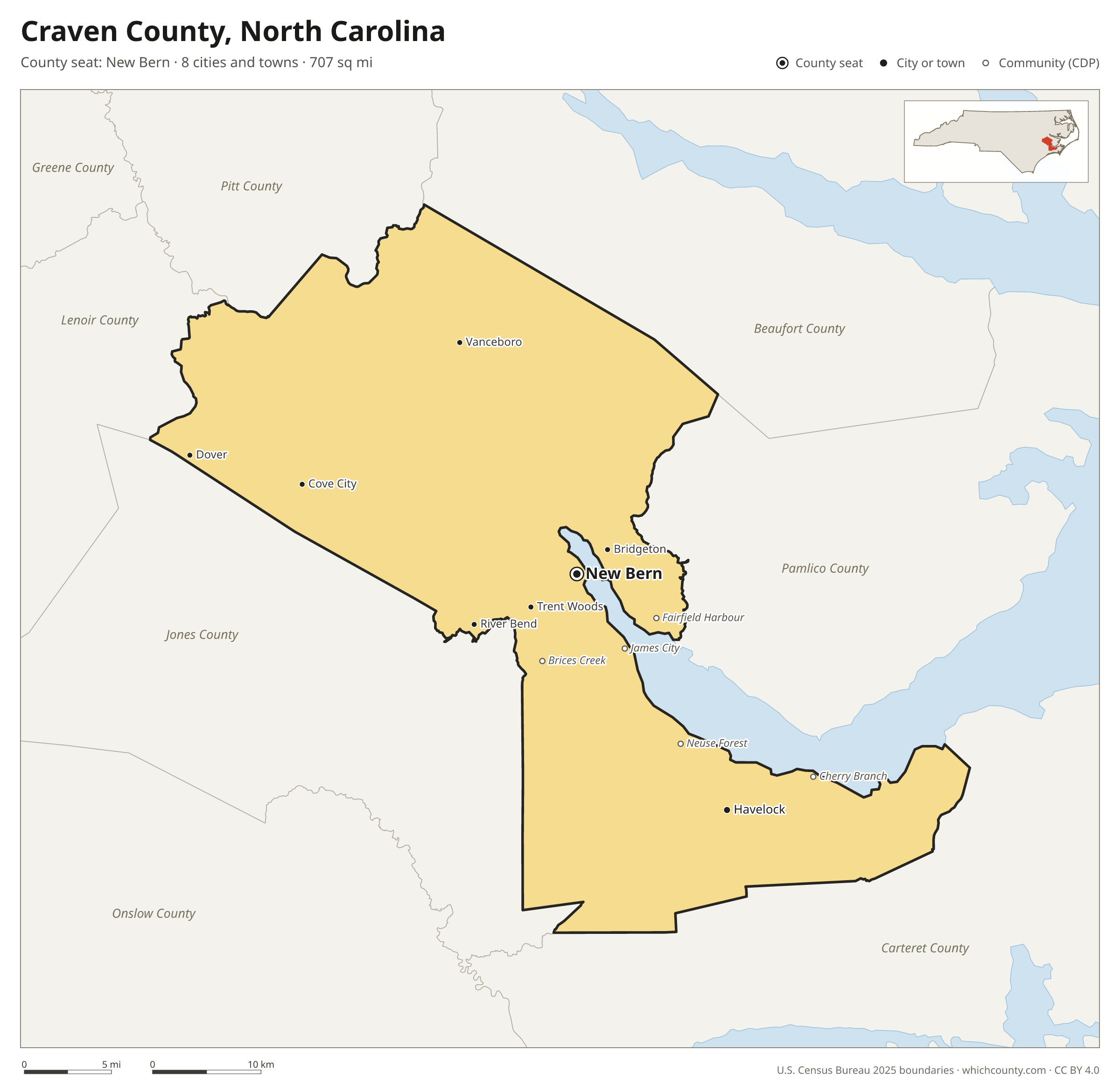 Map of Craven County, North Carolina with cities, towns and the county boundary