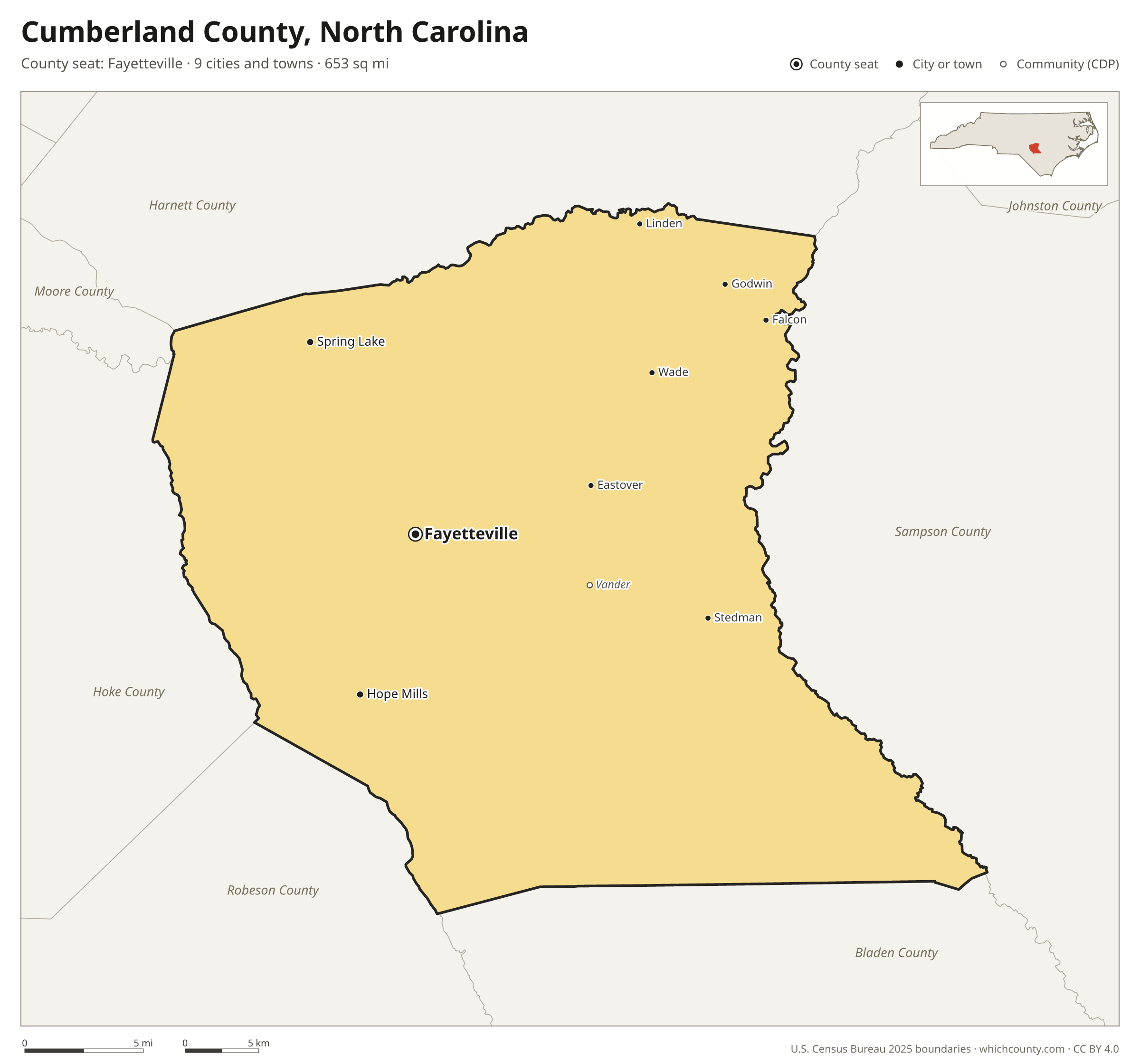 Map of Cumberland County, North Carolina with cities, towns and the county boundary