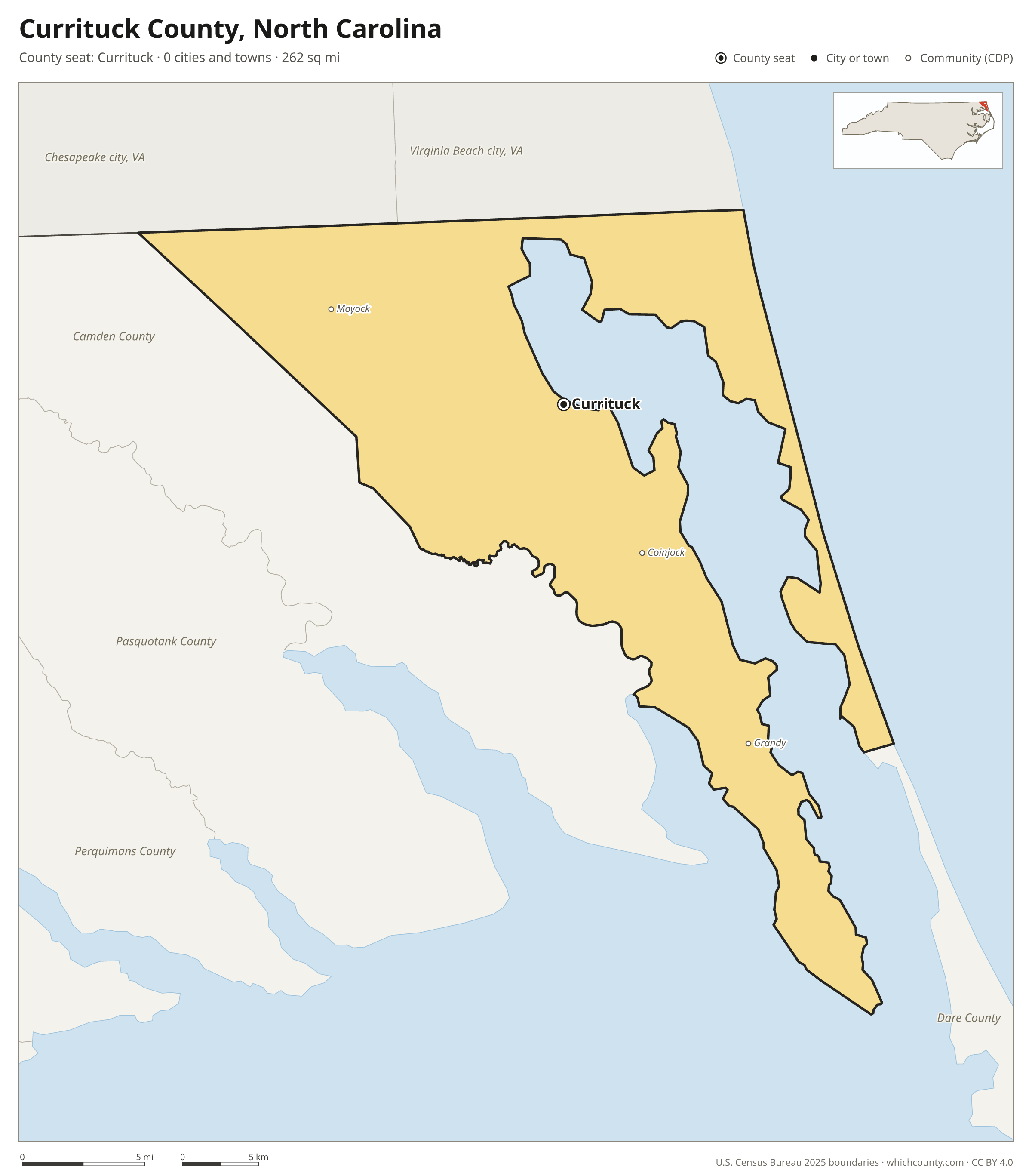 Map of Currituck County, North Carolina with cities, towns and the county boundary