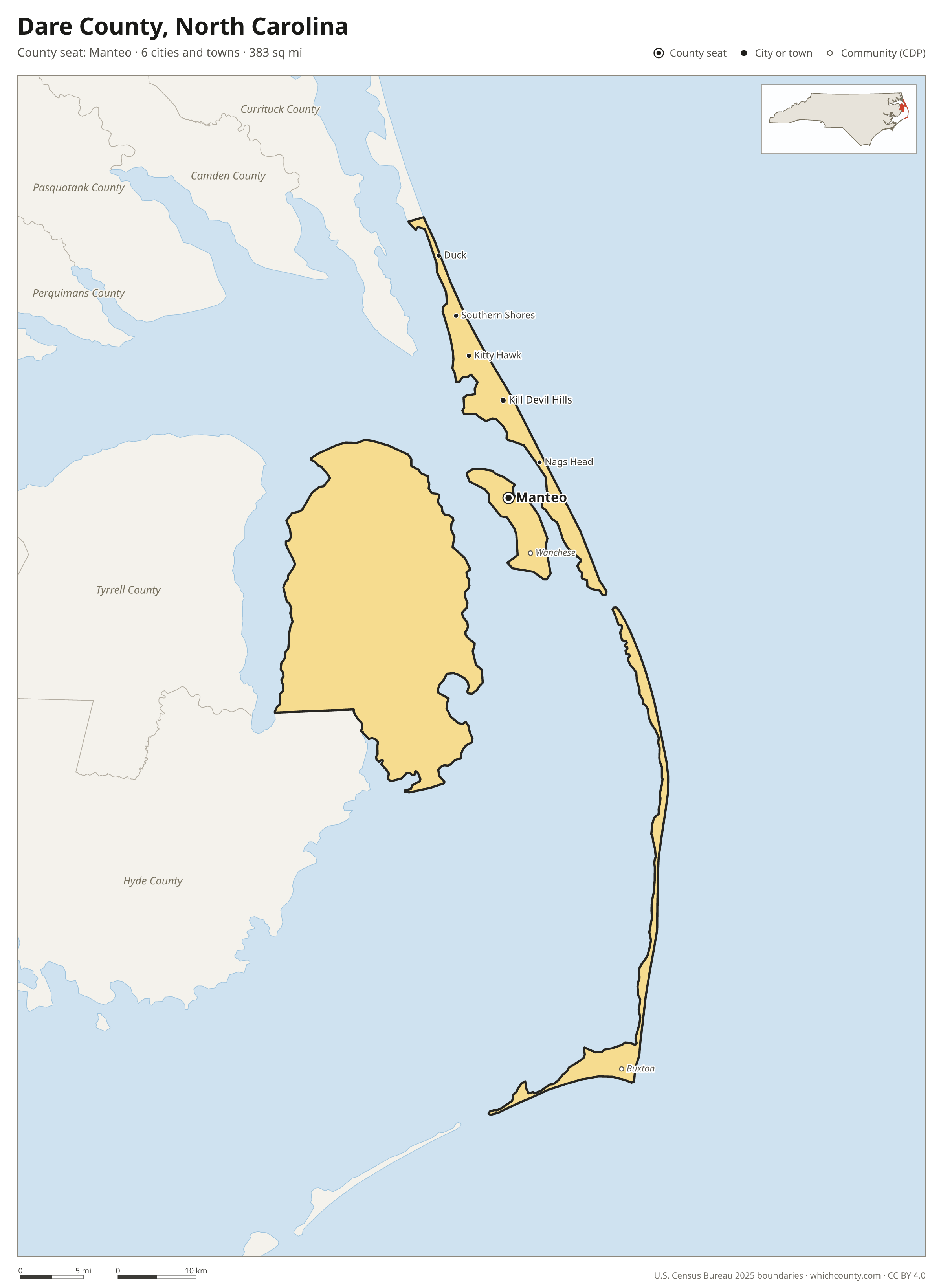 Map of Dare County, North Carolina with cities, towns and the county boundary