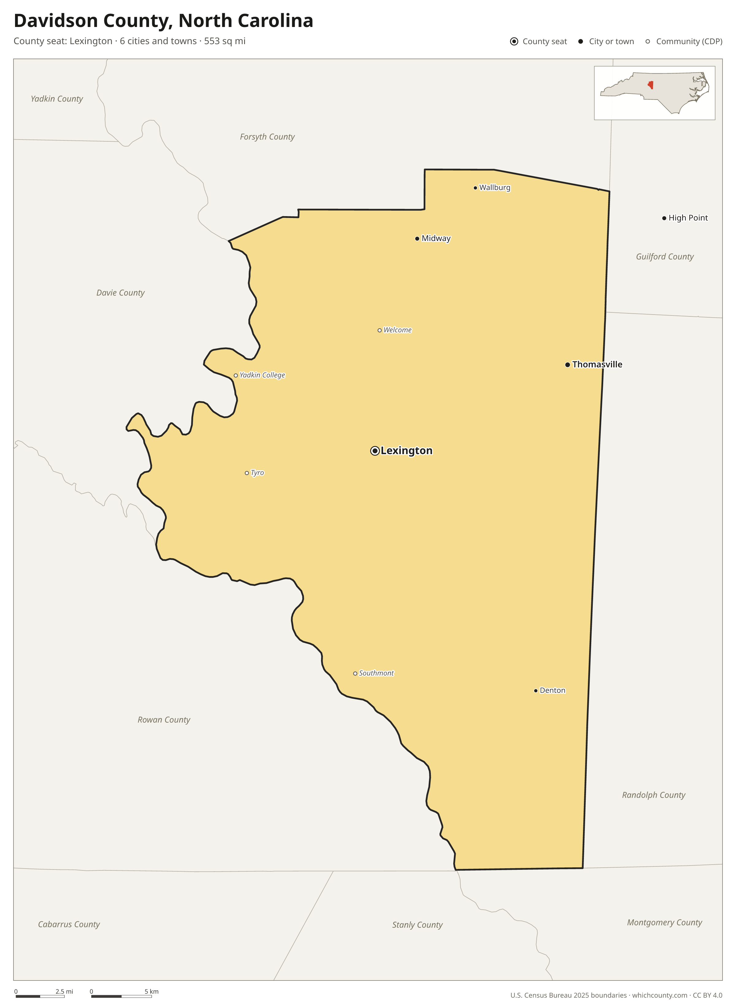 Map of Davidson County, North Carolina with cities, towns and the county boundary