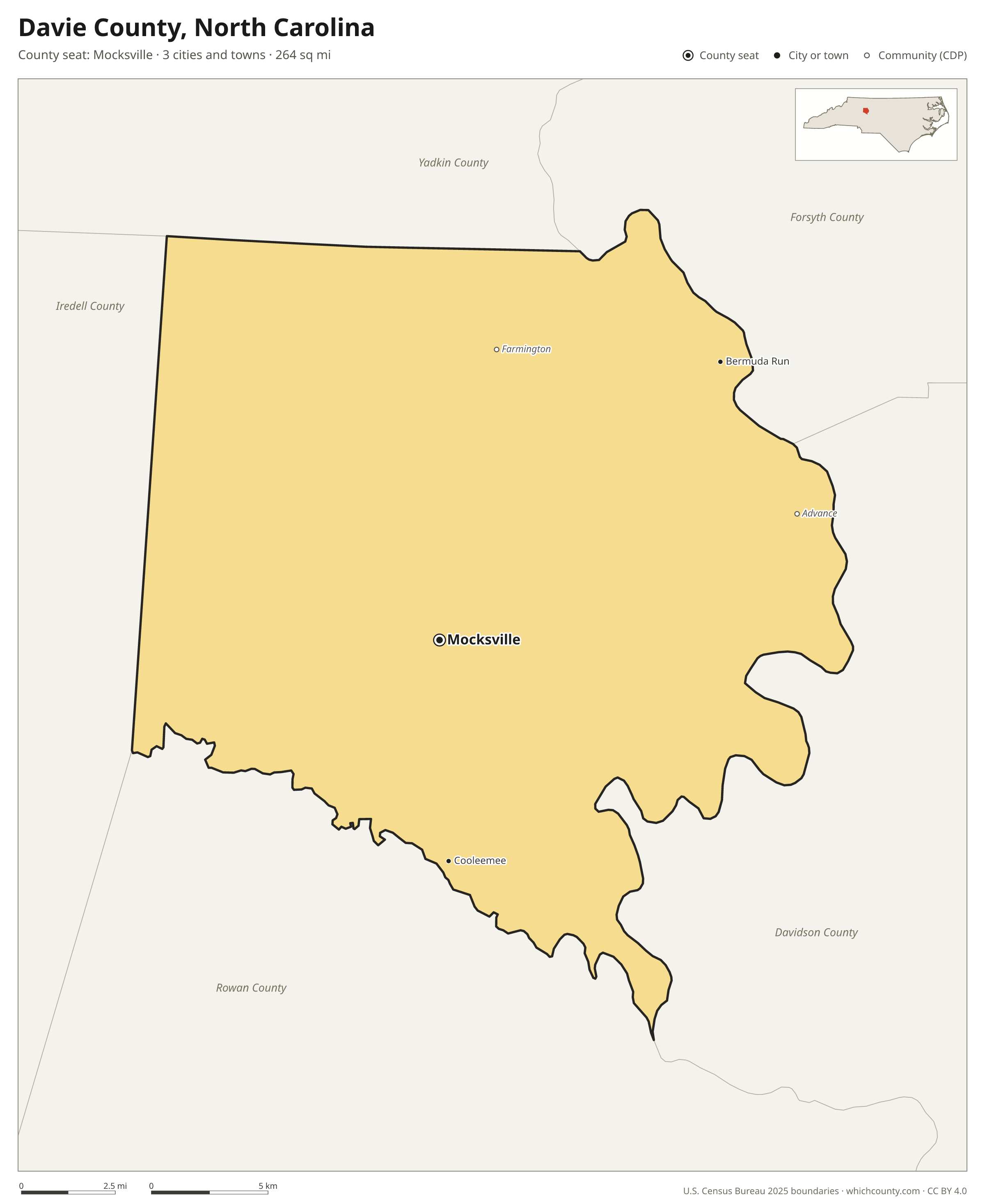 Map of Davie County, North Carolina with cities, towns and the county boundary