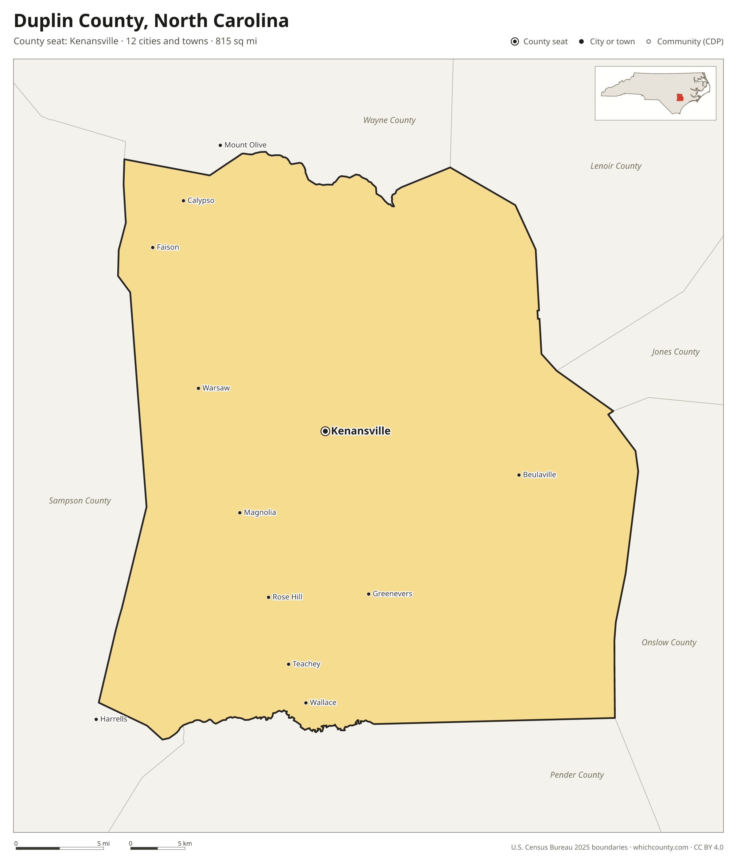 Map of Duplin County, North Carolina with cities, towns and the county boundary