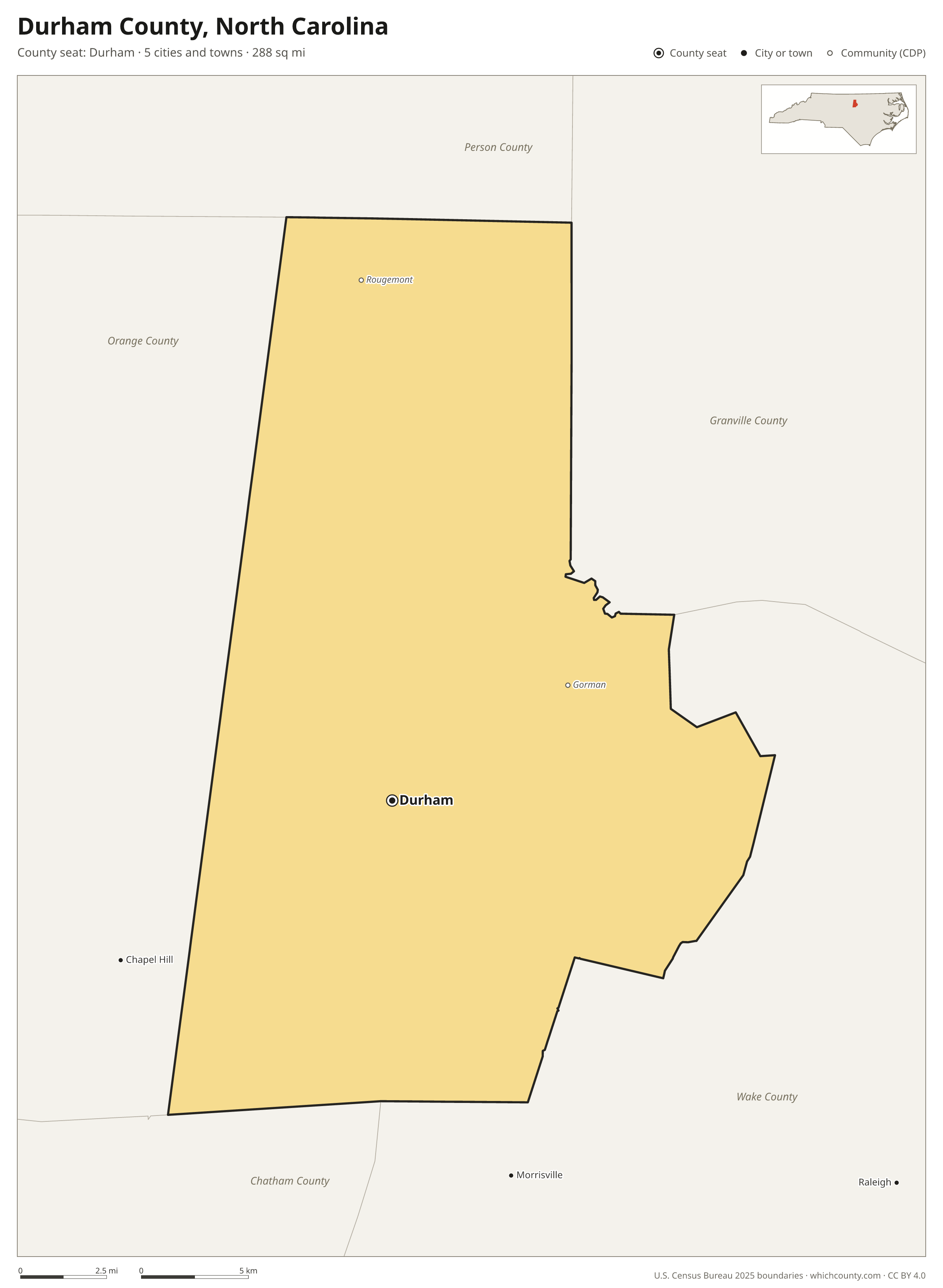 Map of Durham County, North Carolina with cities, towns and the county boundary