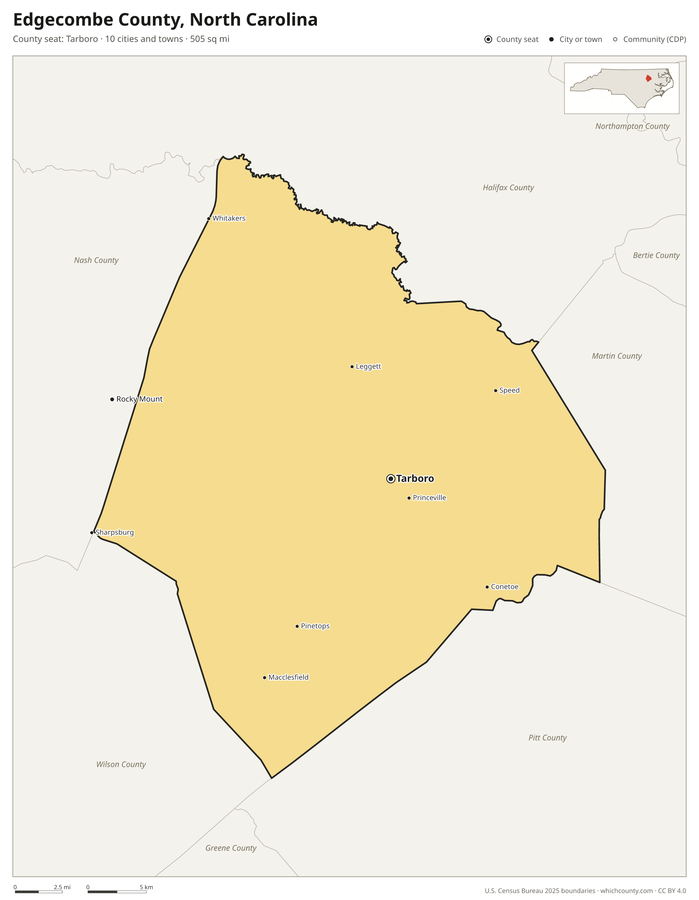 Map of Edgecombe County, North Carolina with cities, towns and the county boundary