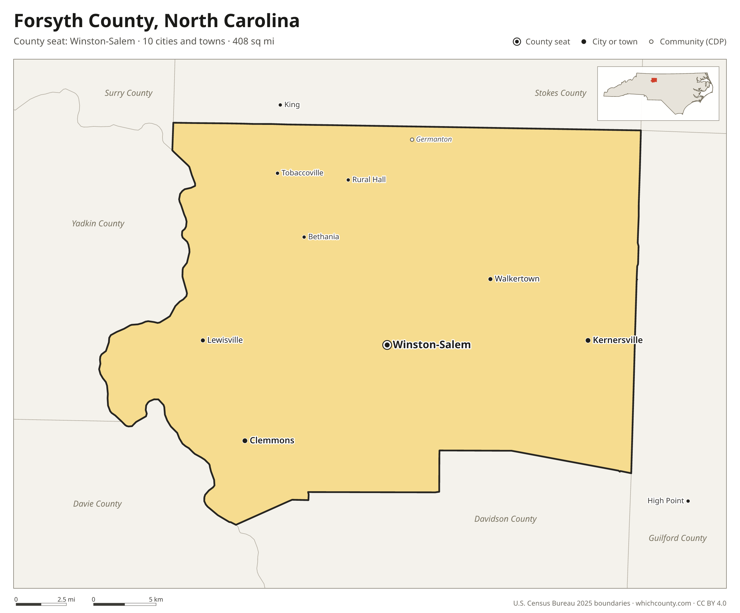 Map of Forsyth County, North Carolina with cities, towns and the county boundary