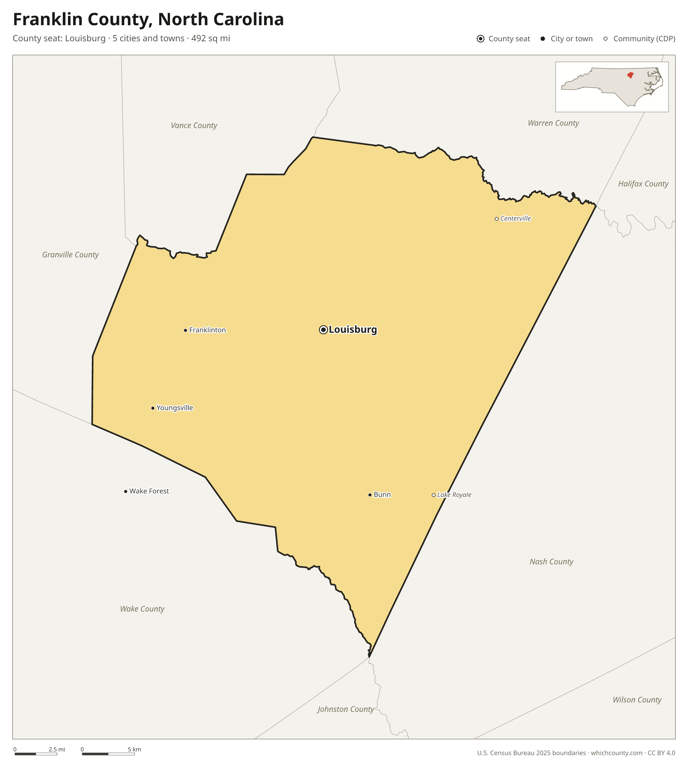 Map of Franklin County, North Carolina with cities, towns and the county boundary