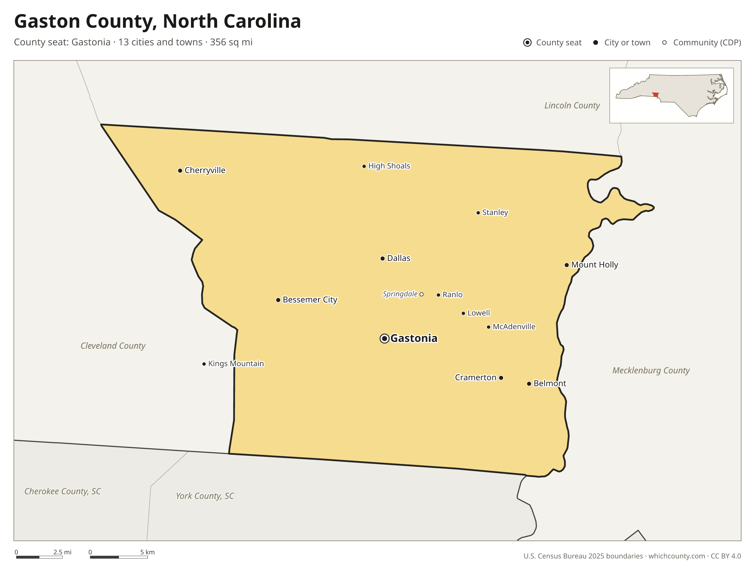 Map of Gaston County, North Carolina with cities, towns and the county boundary