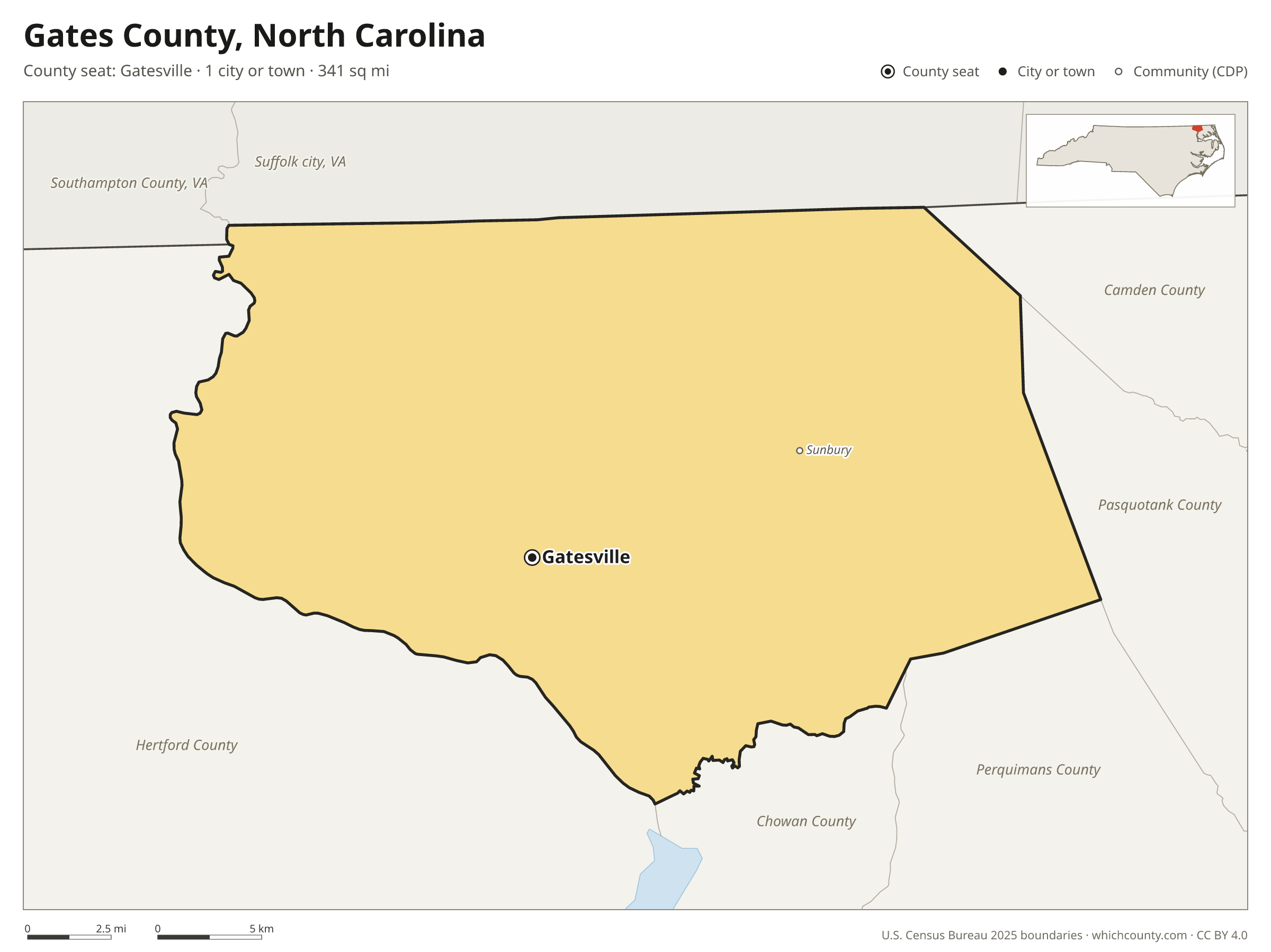 Map of Gates County, North Carolina with cities, towns and the county boundary