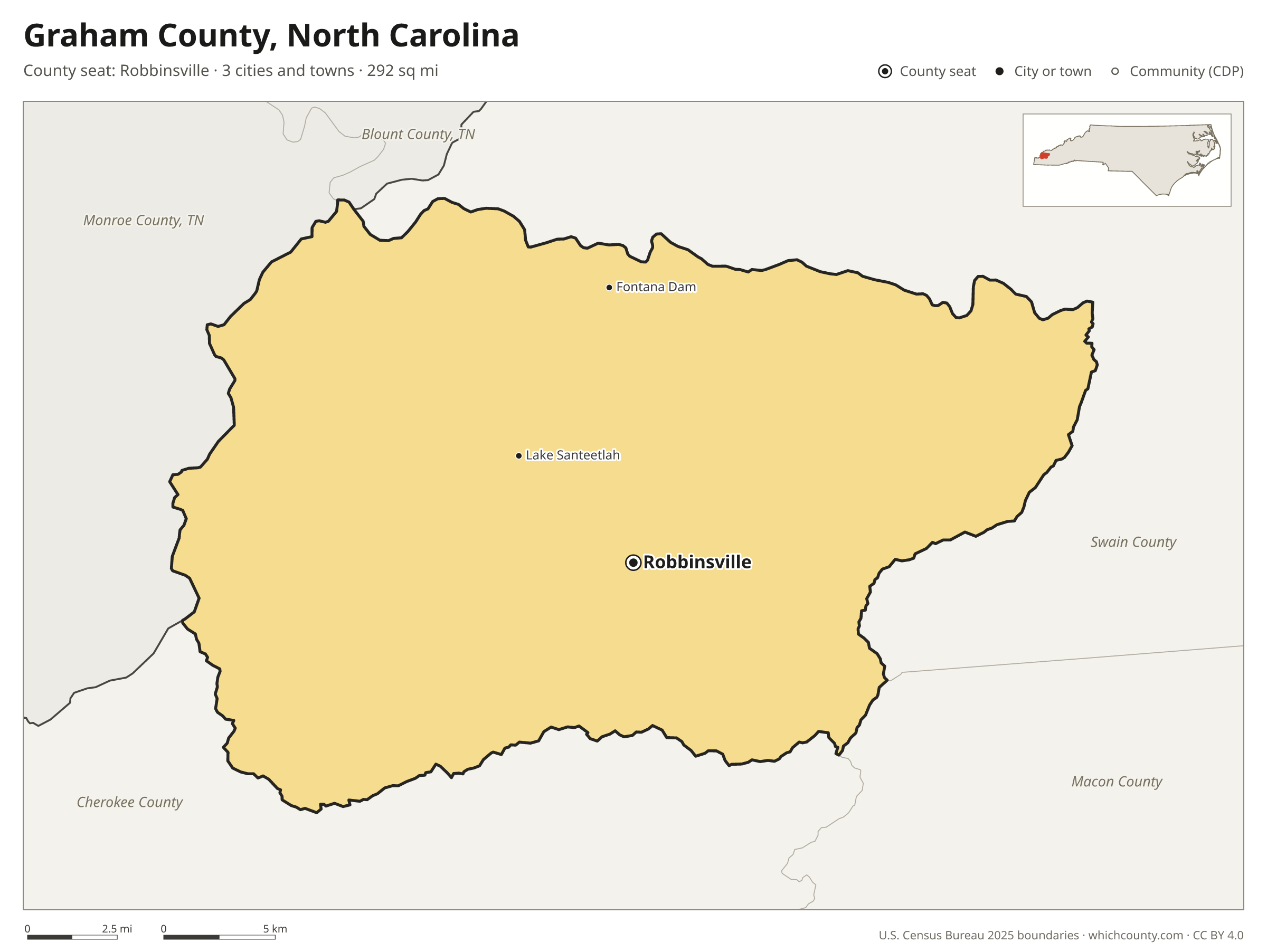 Map of Graham County, North Carolina with cities, towns and the county boundary