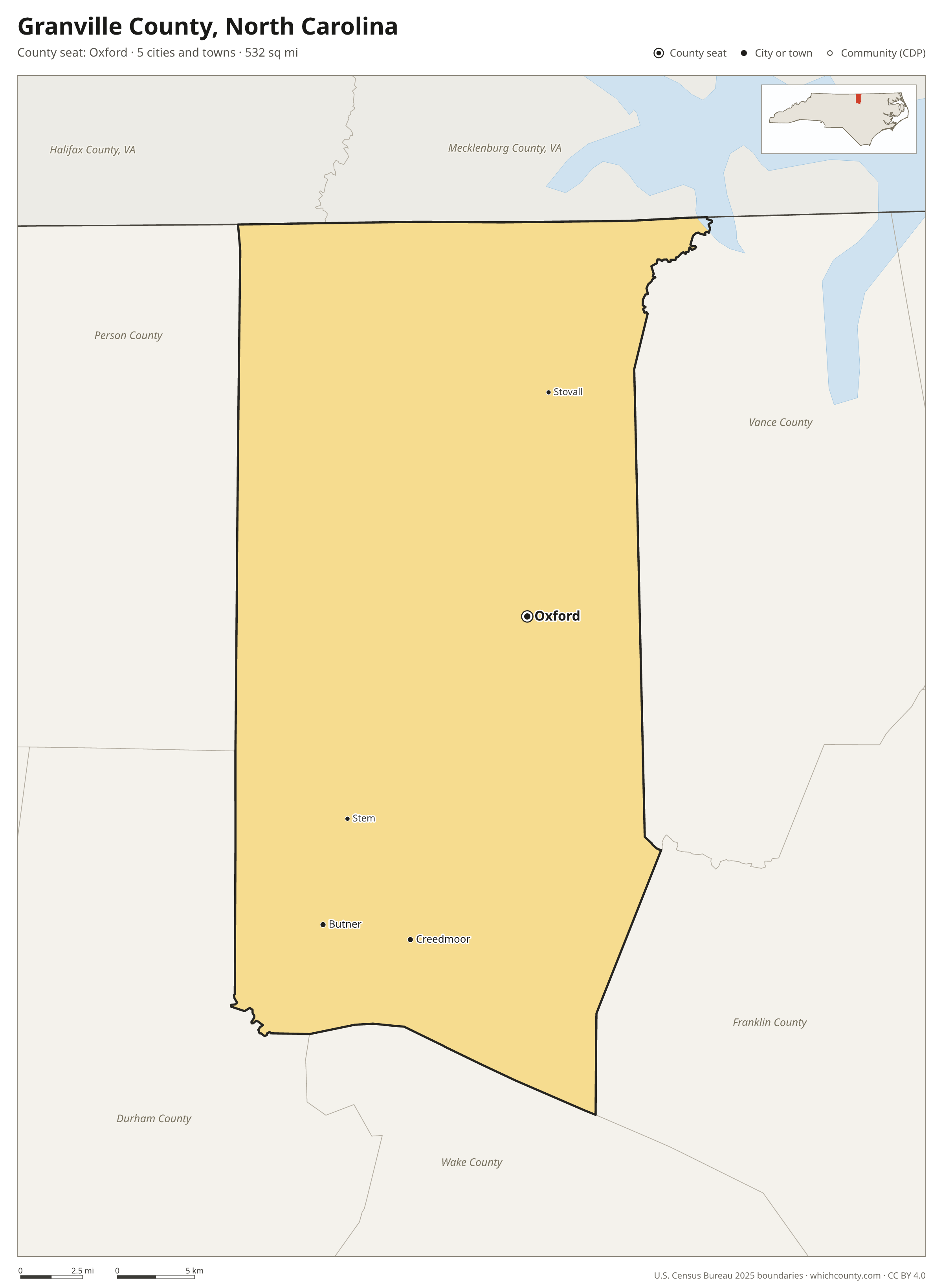Map of Granville County, North Carolina with cities, towns and the county boundary