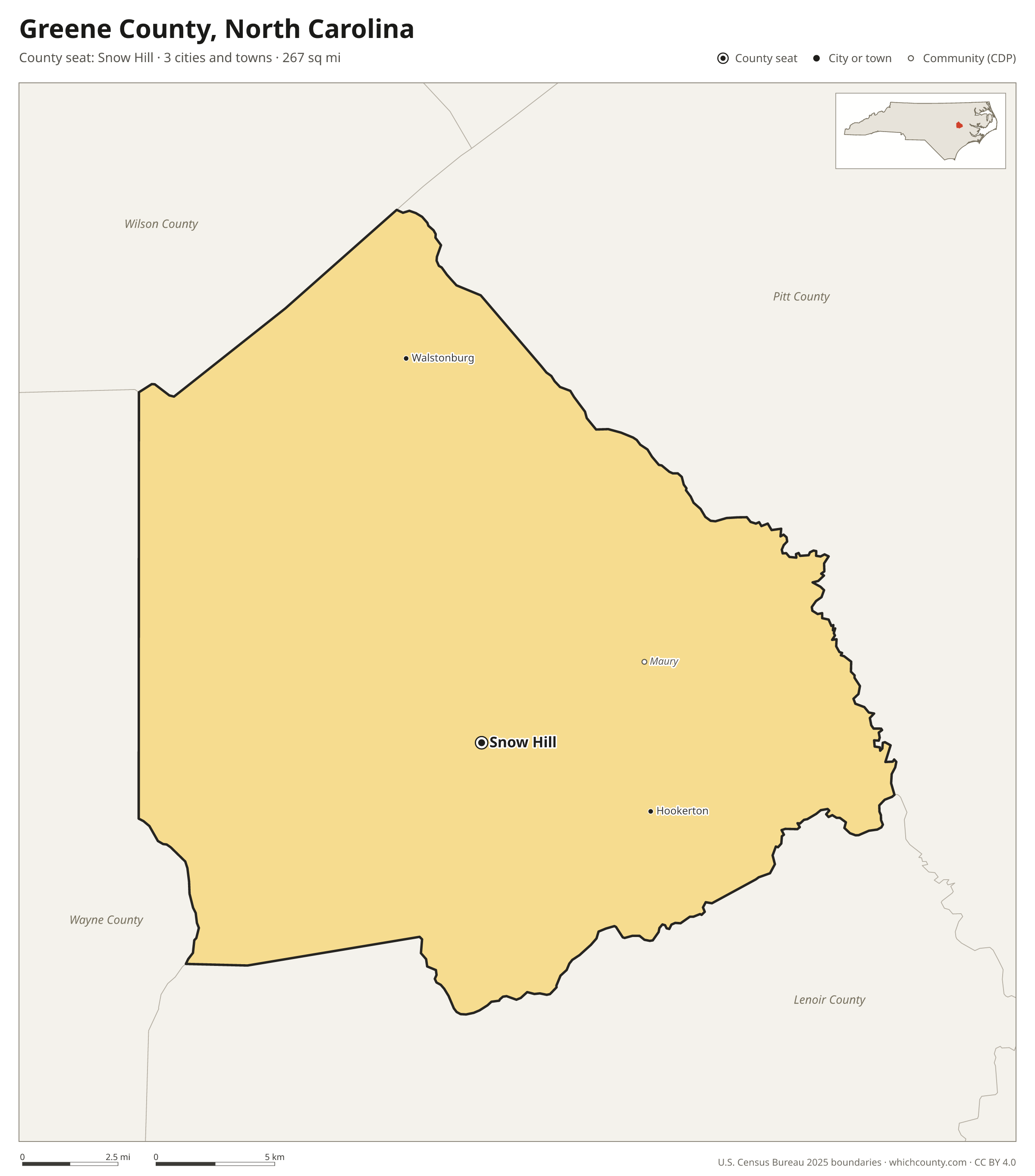Map of Greene County, North Carolina with cities, towns and the county boundary