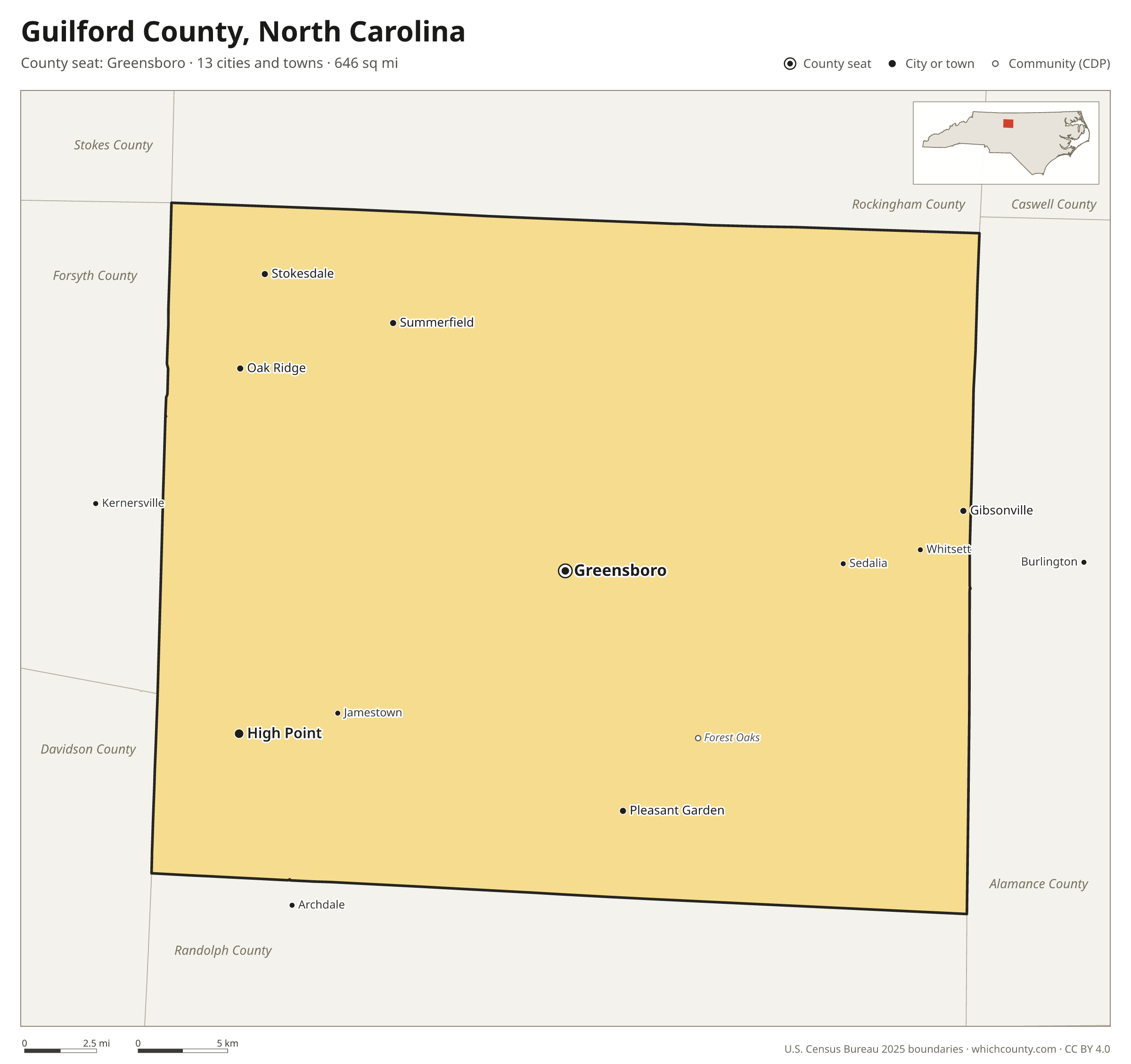 Map of Guilford County, North Carolina with cities, towns and the county boundary