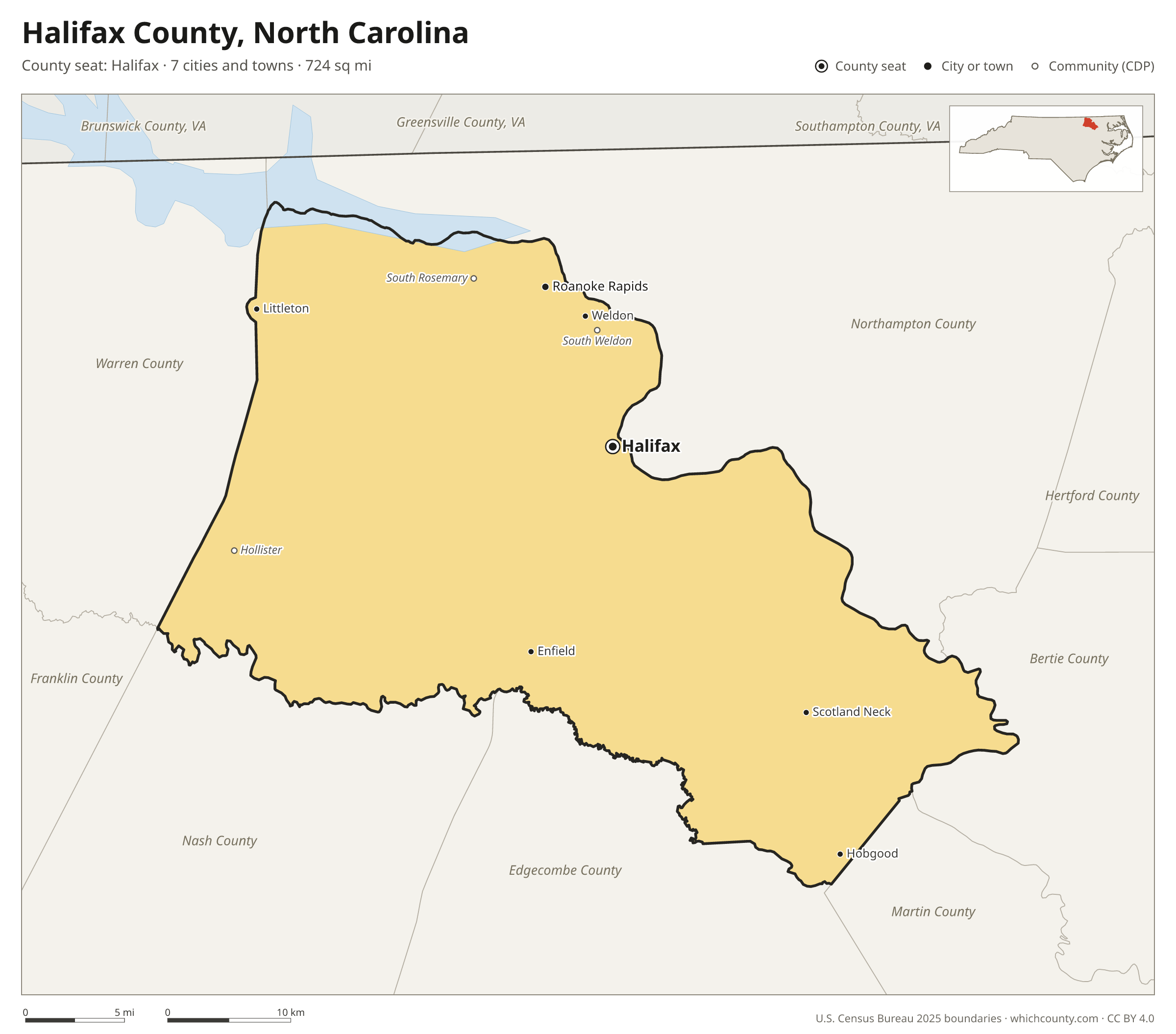 Map of Halifax County, North Carolina with cities, towns and the county boundary