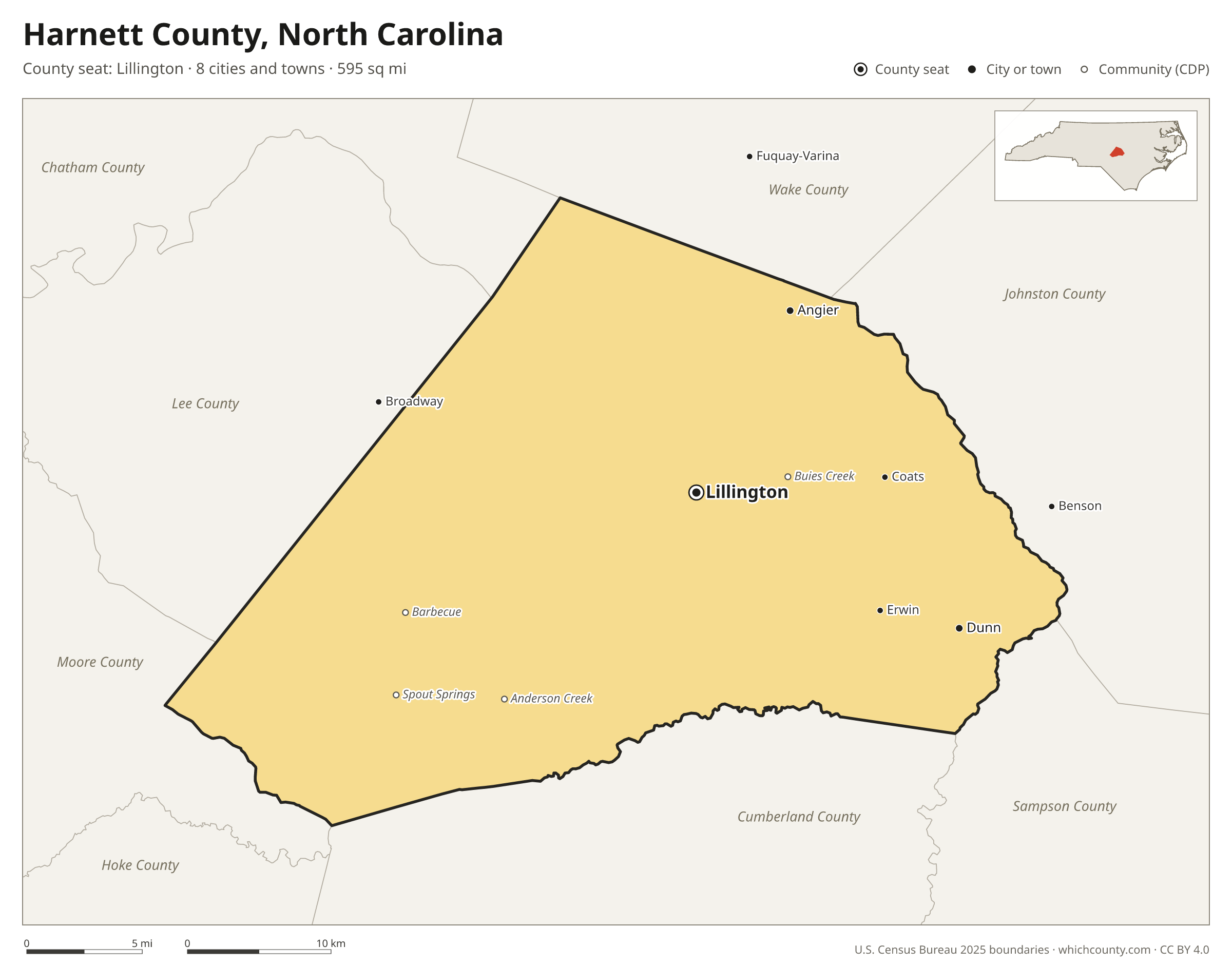 Map of Harnett County, North Carolina with cities, towns and the county boundary