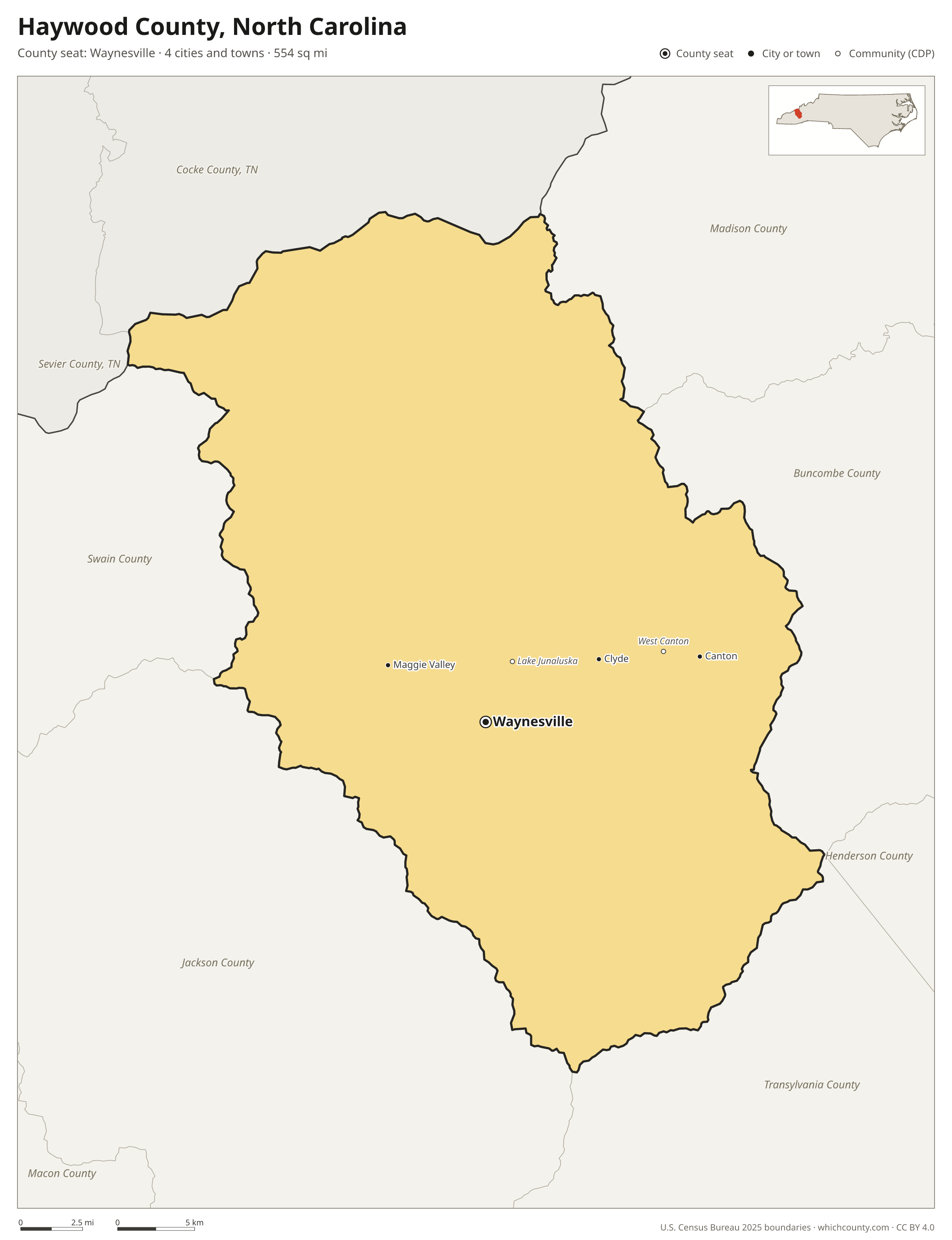 Map of Haywood County, North Carolina with cities, towns and the county boundary