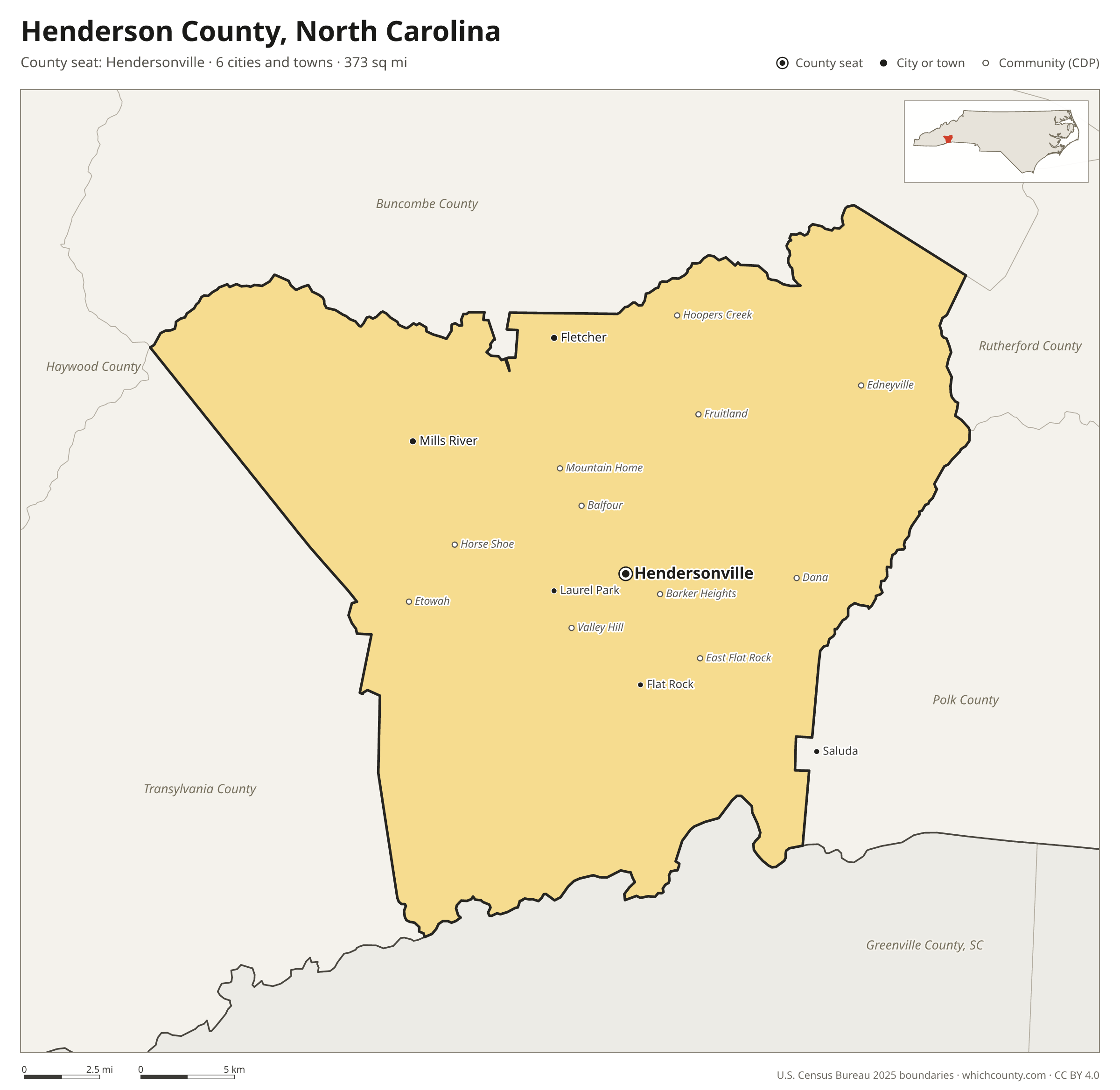 Map of Henderson County, North Carolina with cities, towns and the county boundary
