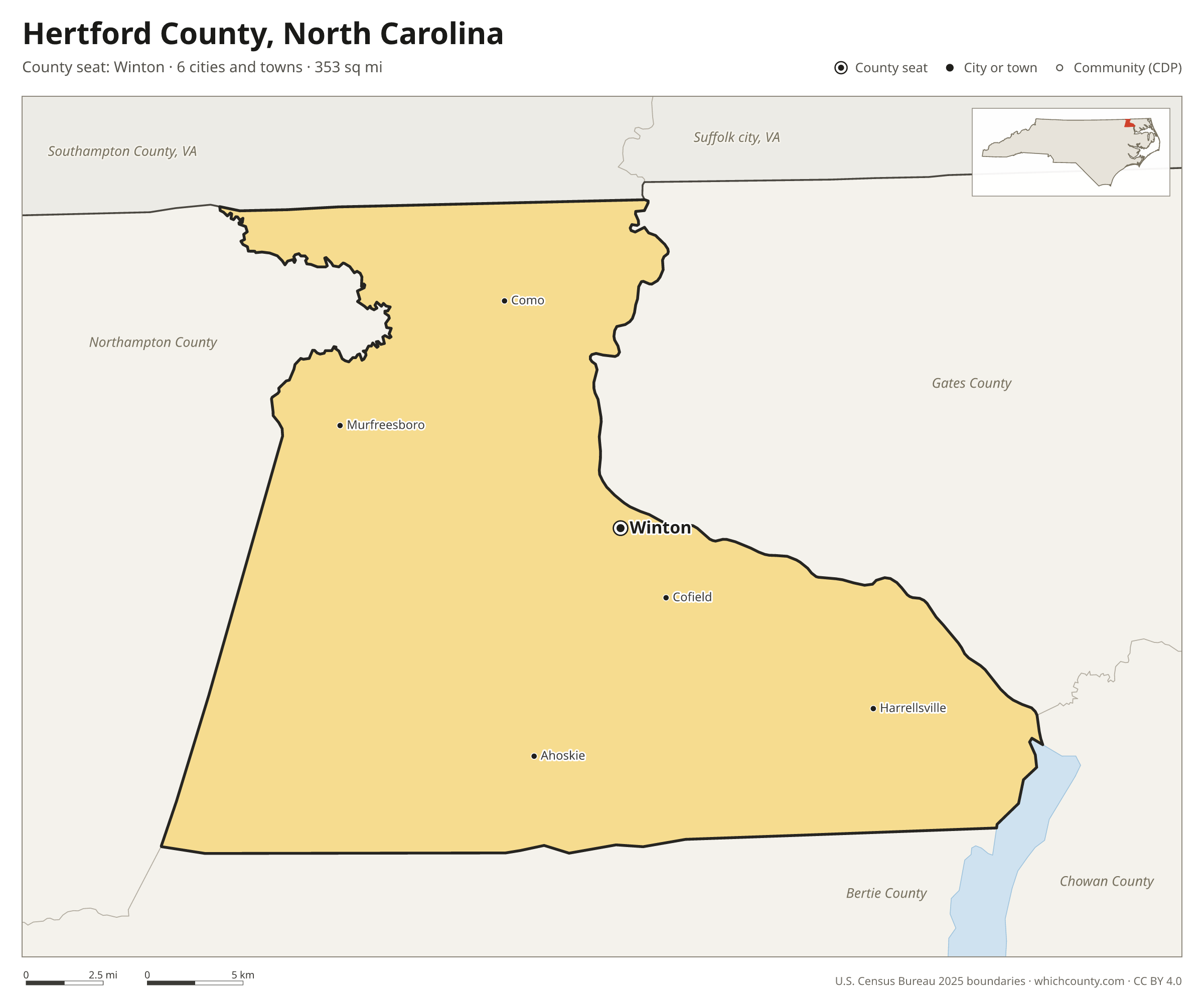 Map of Hertford County, North Carolina with cities, towns and the county boundary