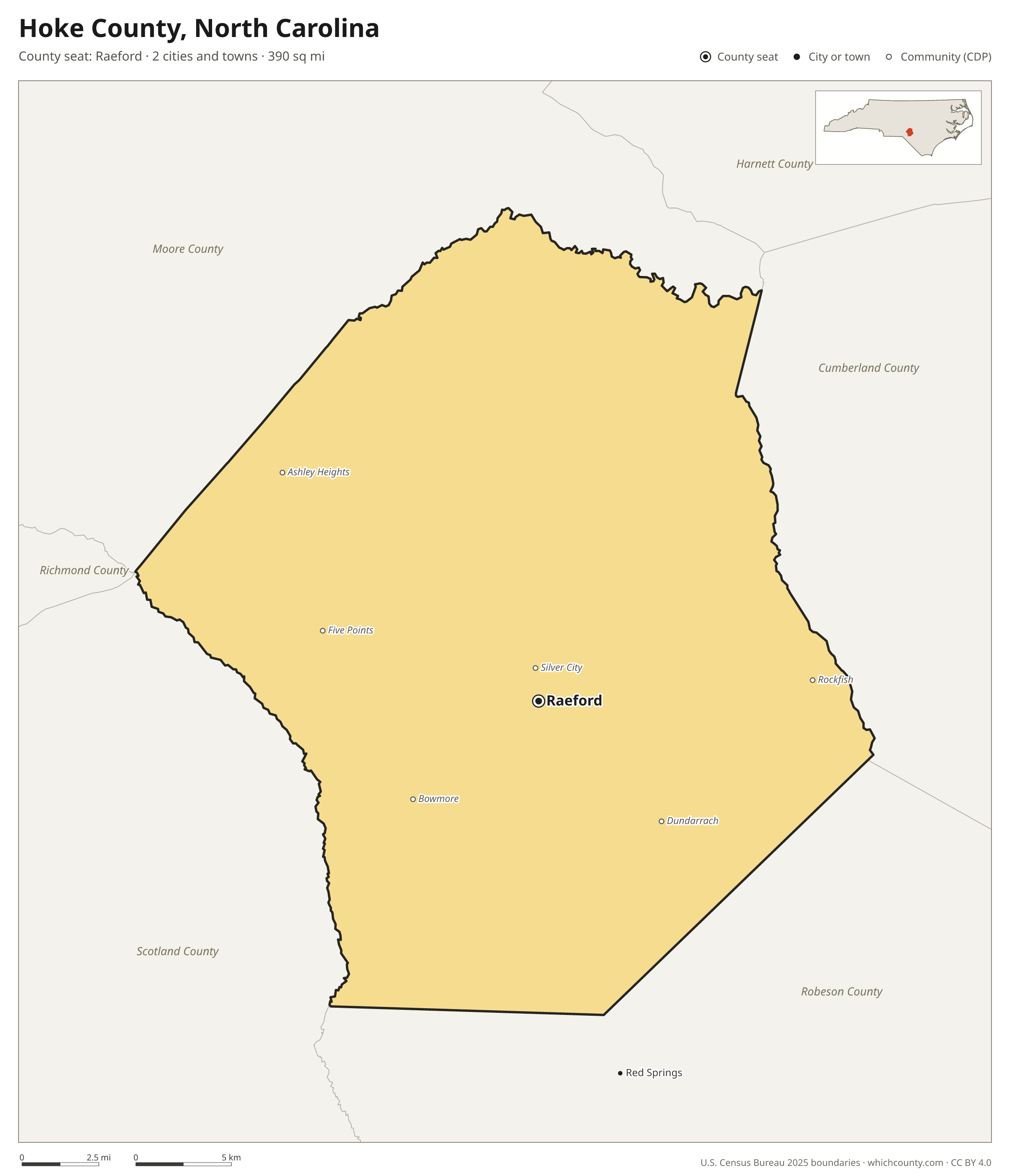 Map of Hoke County, North Carolina with cities, towns and the county boundary