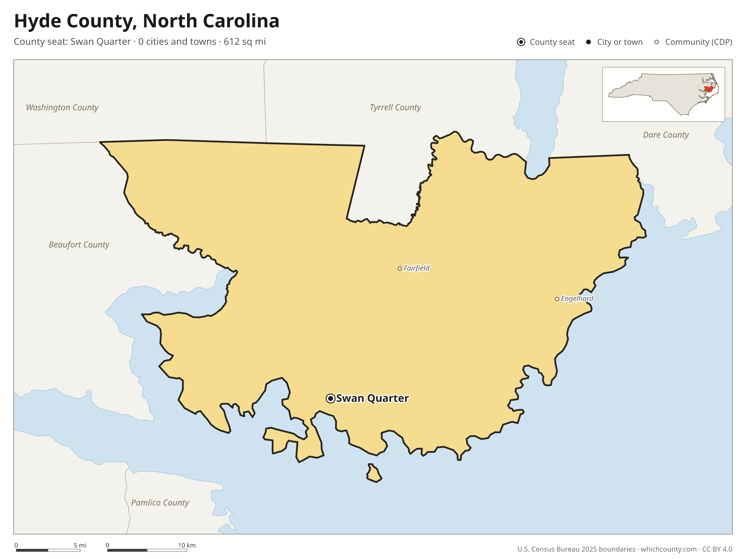 Map of Hyde County, North Carolina with cities, towns and the county boundary