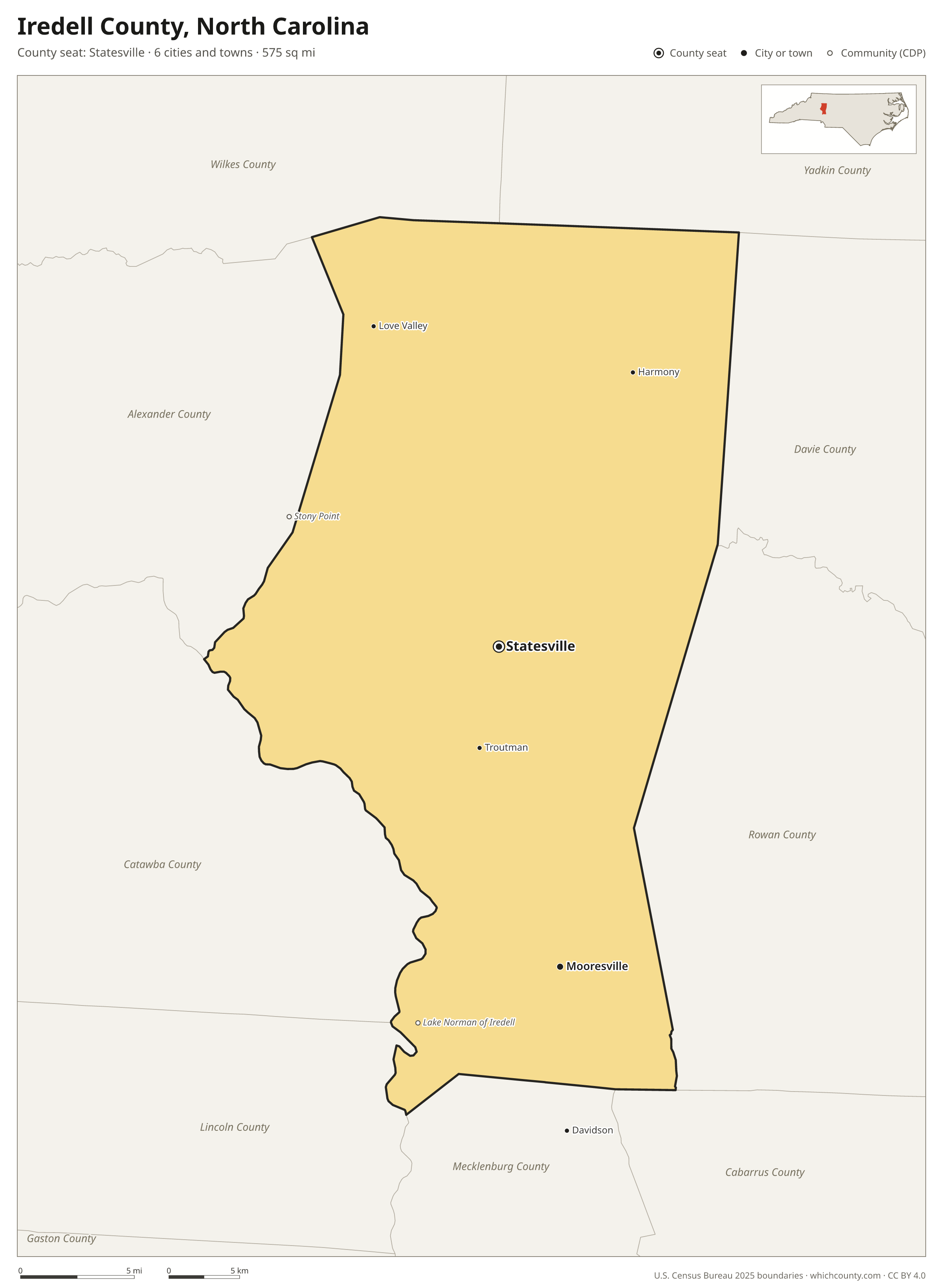 Map of Iredell County, North Carolina with cities, towns and the county boundary