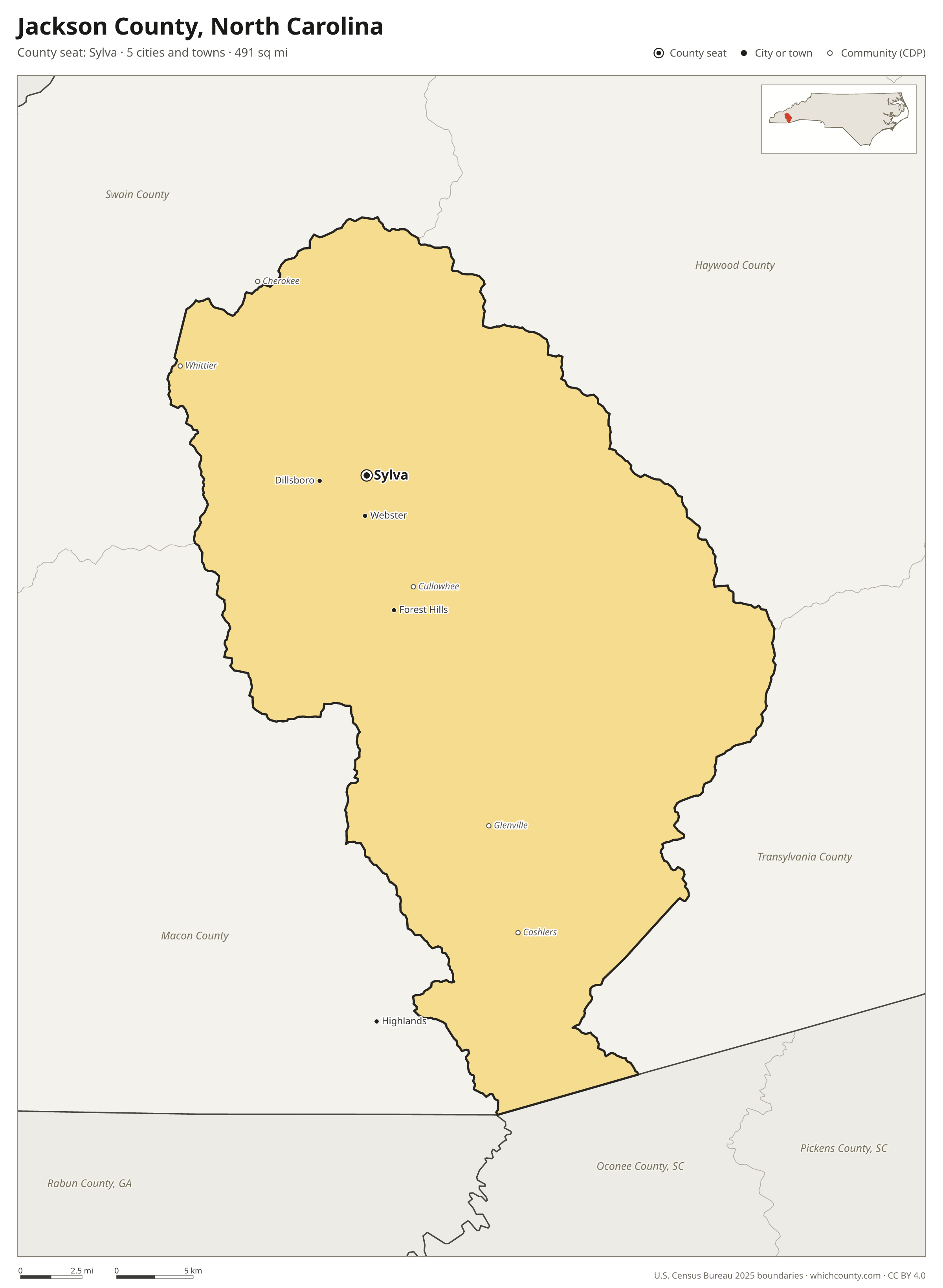 Map of Jackson County, North Carolina with cities, towns and the county boundary