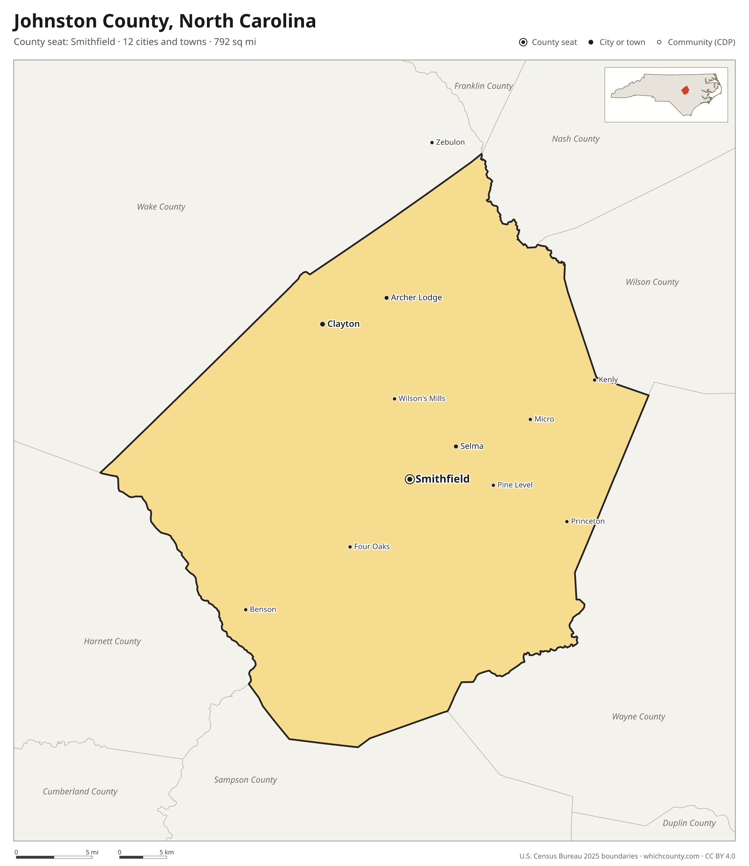 Map of Johnston County, North Carolina with cities, towns and the county boundary