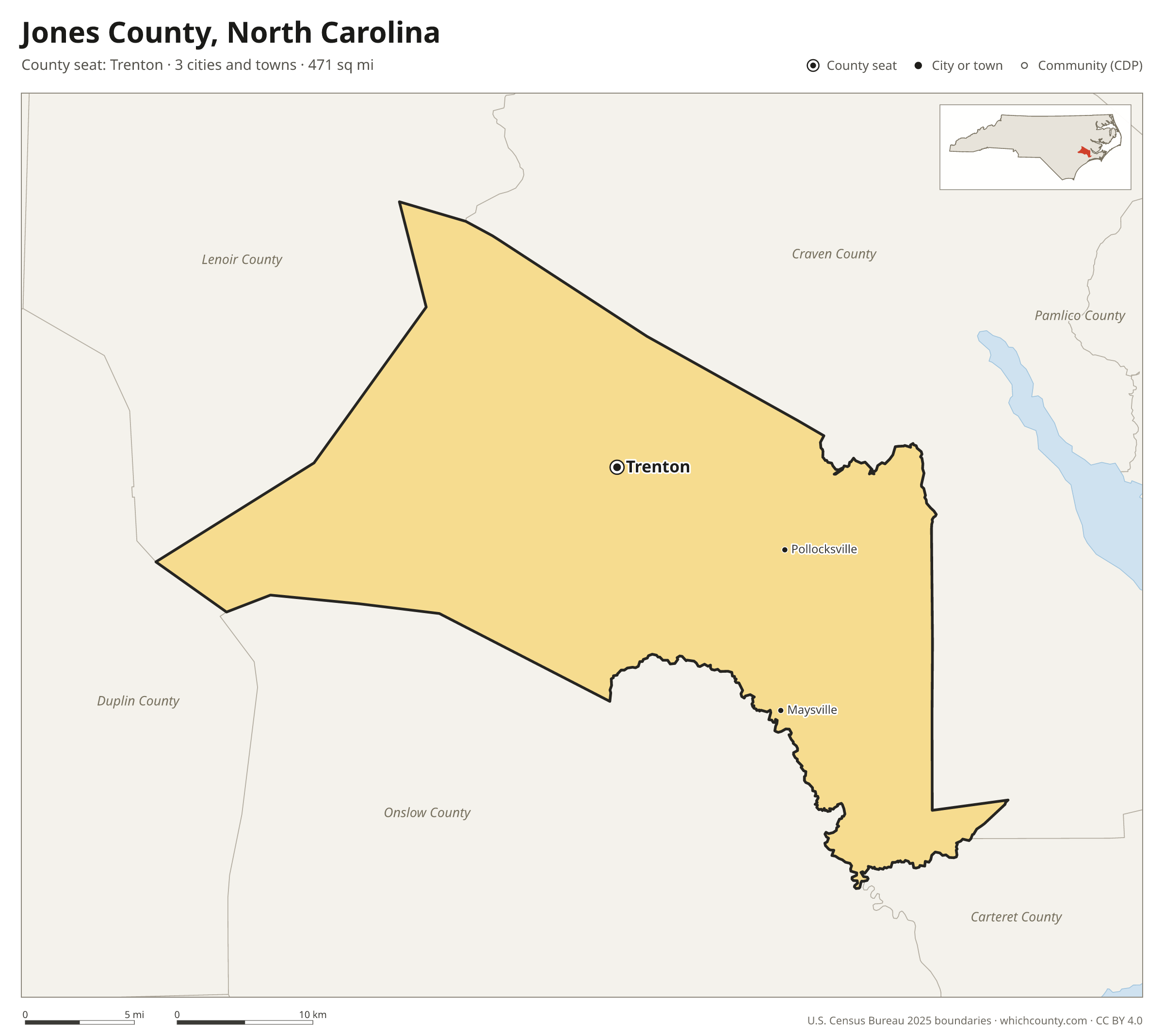 Map of Jones County, North Carolina with cities, towns and the county boundary