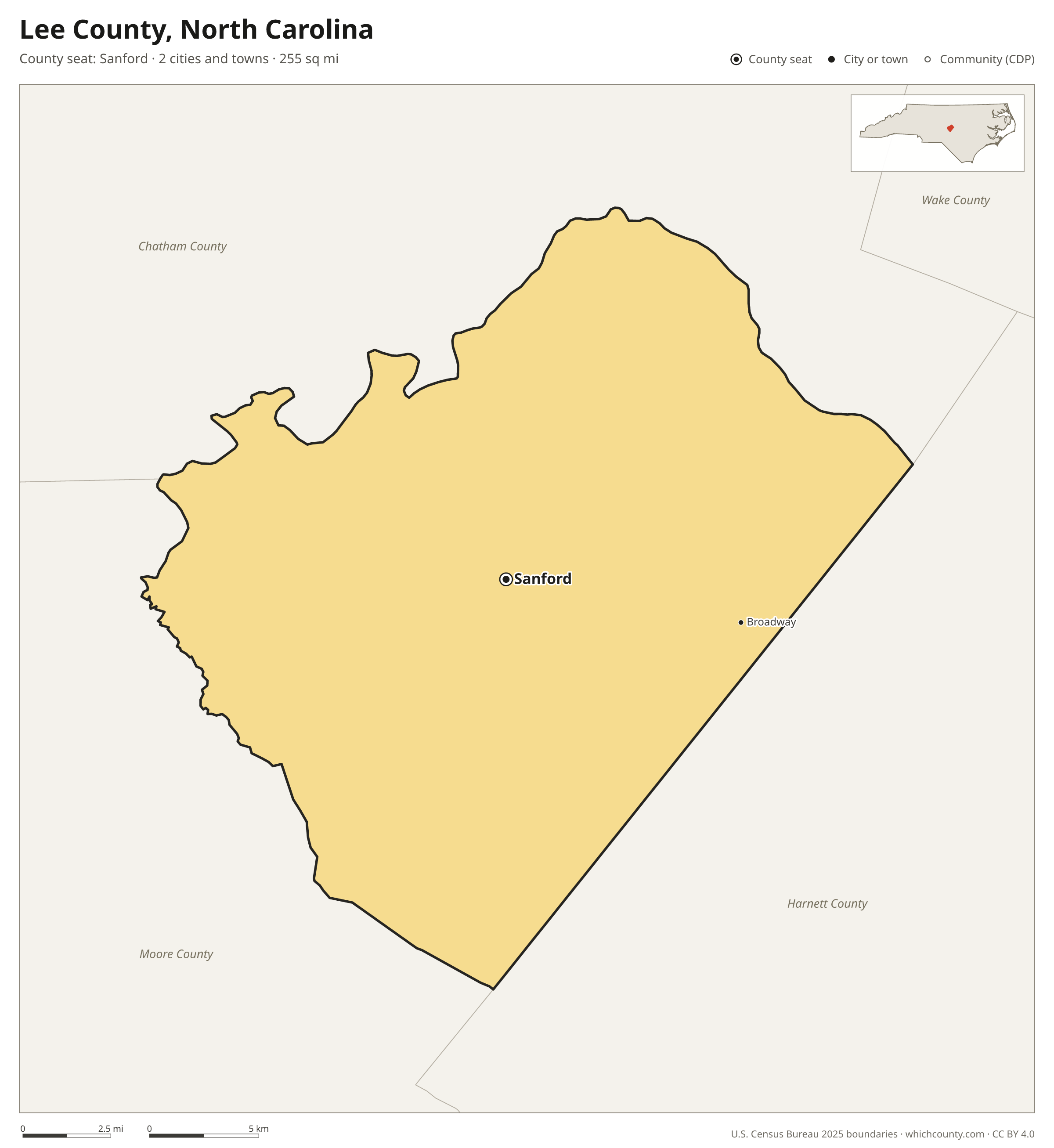 Map of Lee County, North Carolina with cities, towns and the county boundary