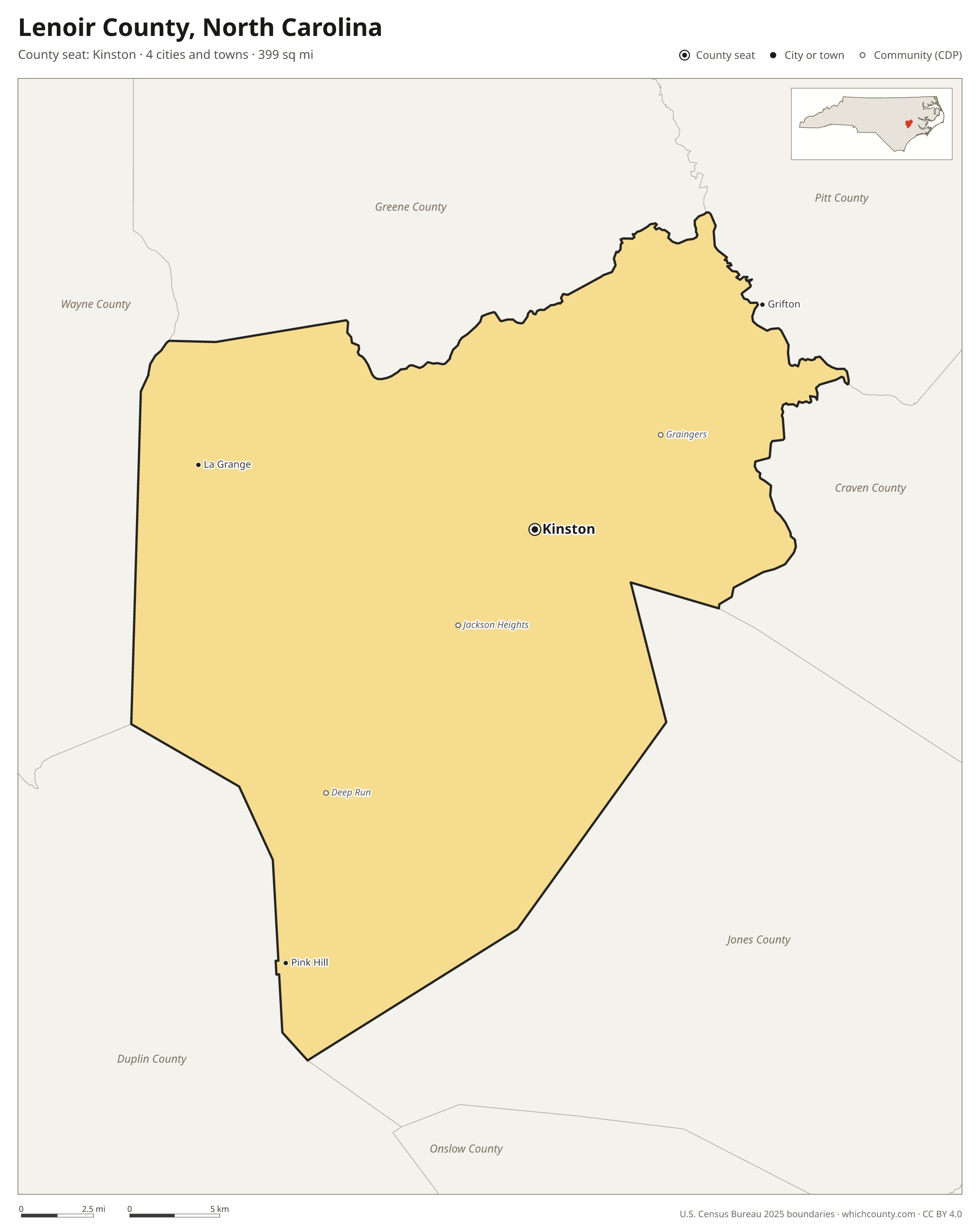 Map of Lenoir County, North Carolina with cities, towns and the county boundary